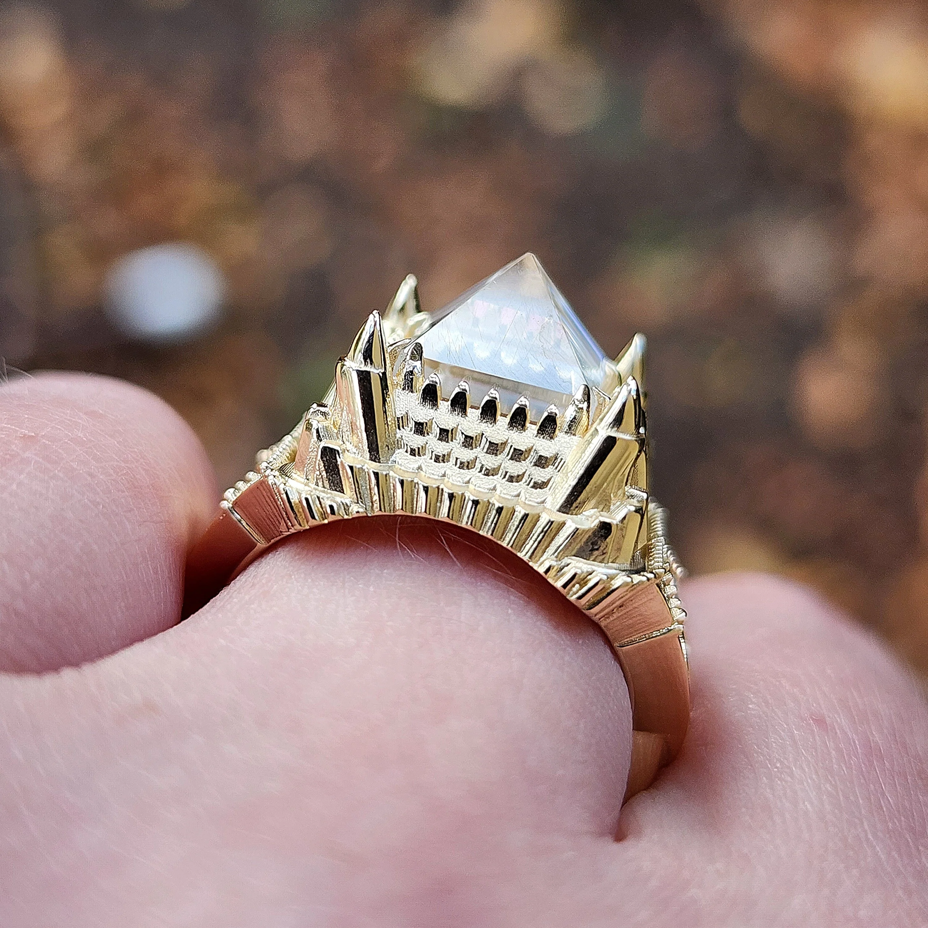 14k Gold Haunted Castle Tower Ring with Pyramid Quartz and Hidden Skull Gothic Cocktail Ring Spooky Halloween Jewelry - Image 5