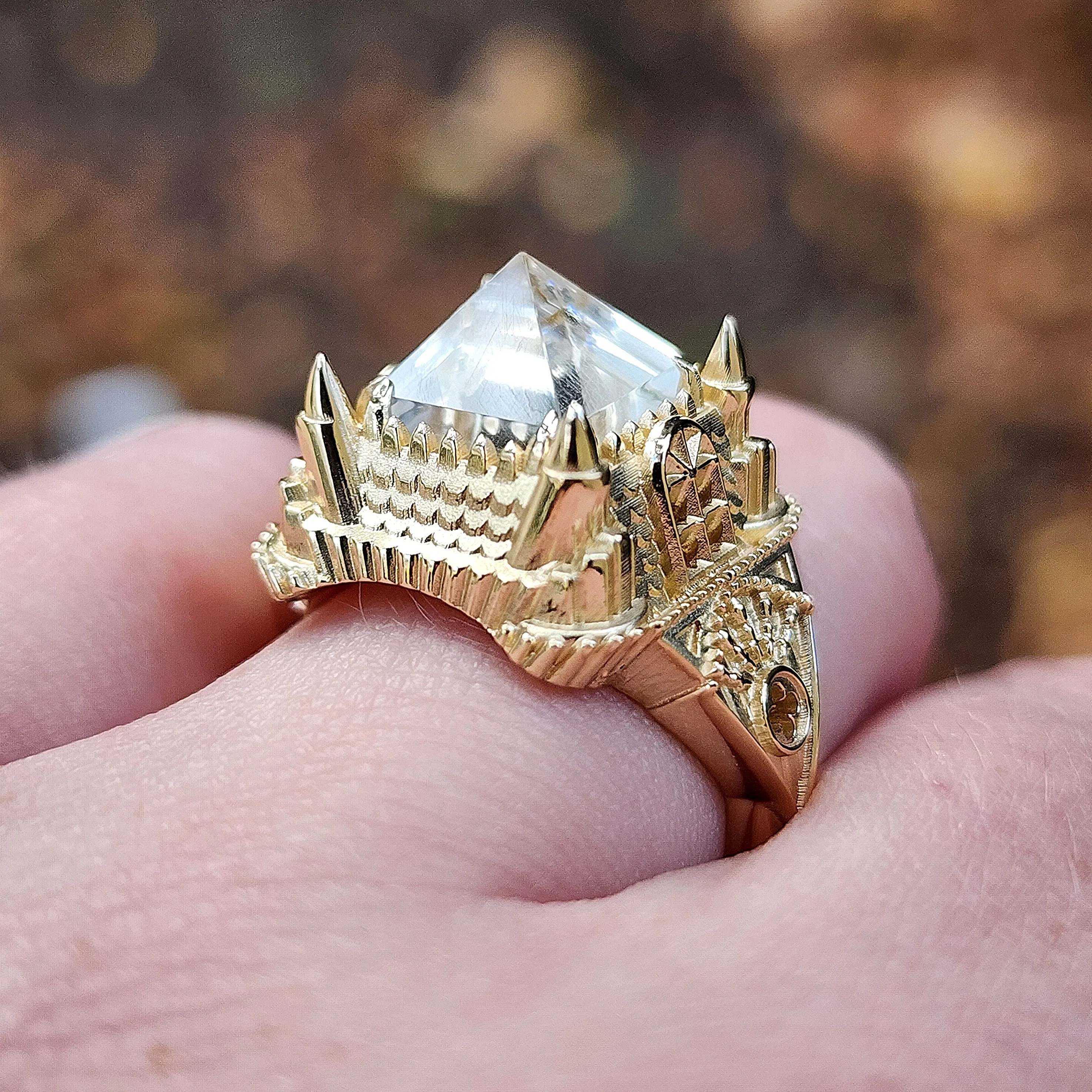 14k Gold Haunted Castle Tower Ring with Pyramid Quartz and Hidden Skull Gothic Cocktail Ring Spooky Halloween Jewelry - Image 6
