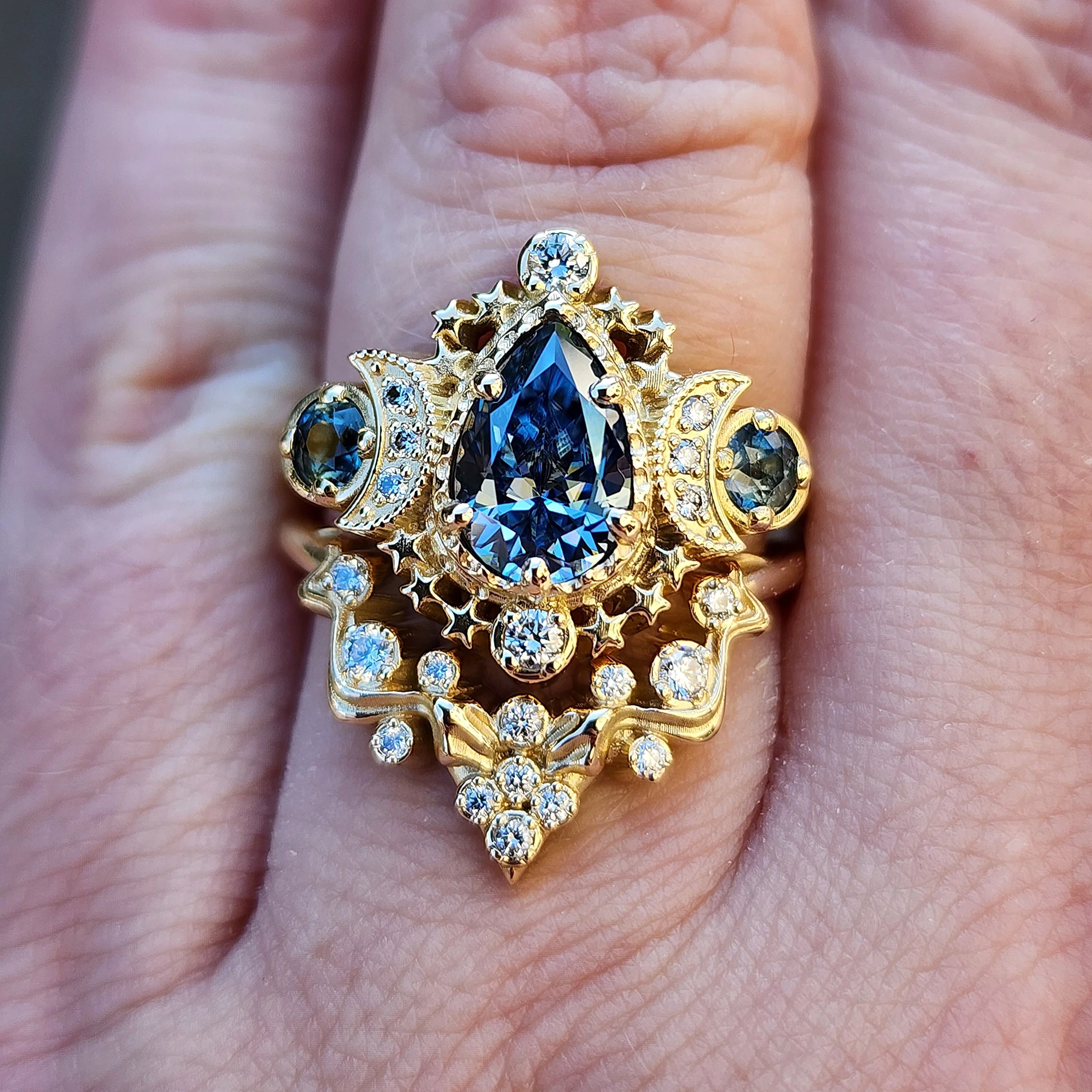 14k Pear Cosmos Engagement Ring with Nagini Snake Wedding Band - Blue Moissanite and Bi-Color Sapphires with Diamonds - Handcrafted Wedding Ring Set by SwankMetalsmithing - Image 6