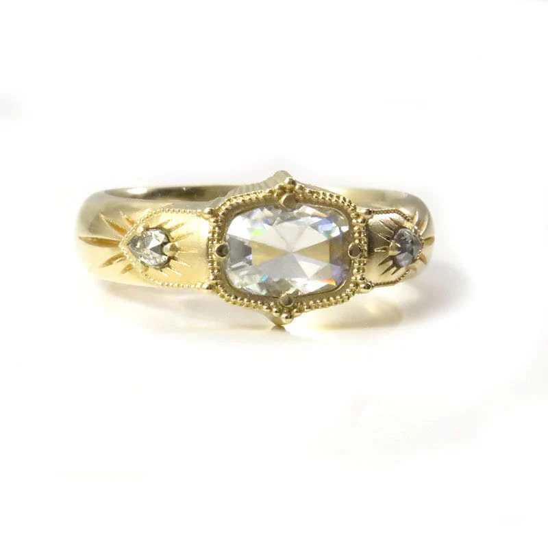 Antique Cushion Moissanite Wide Band Victorian Style Ring with Salt & Pepper Pear Diamonds - Rose Cut Vintage Inspired Engagement Ring - Image 3