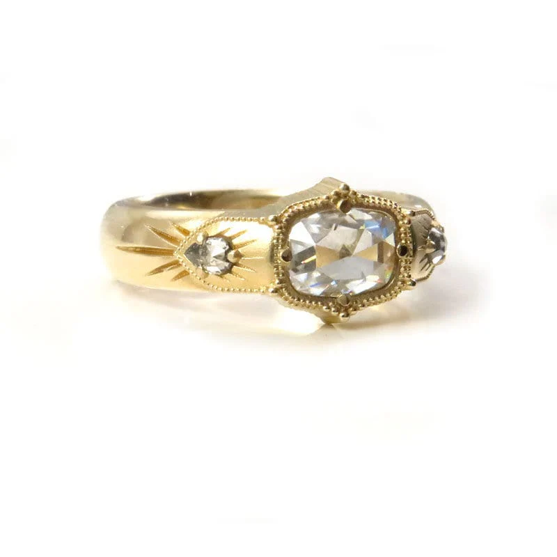 Antique Cushion Moissanite Wide Band Victorian Style Ring with Salt & Pepper Pear Diamonds - Rose Cut Vintage Inspired Engagement Ring - Image 4
