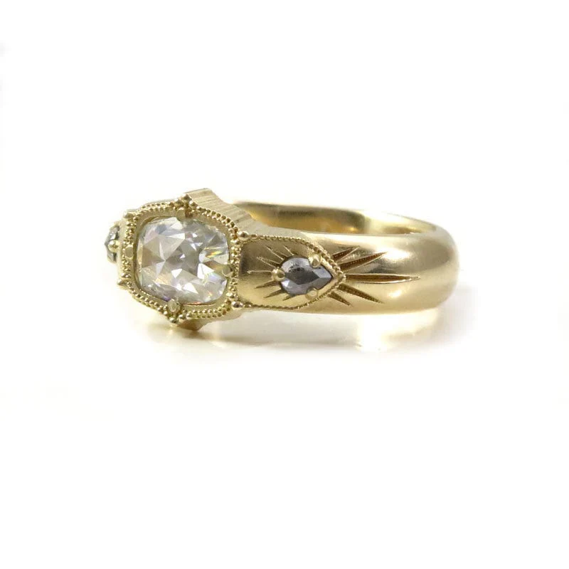 Antique Cushion Moissanite Wide Band Victorian Style Ring with Salt & Pepper Pear Diamonds - Rose Cut Vintage Inspired Engagement Ring - Image 7