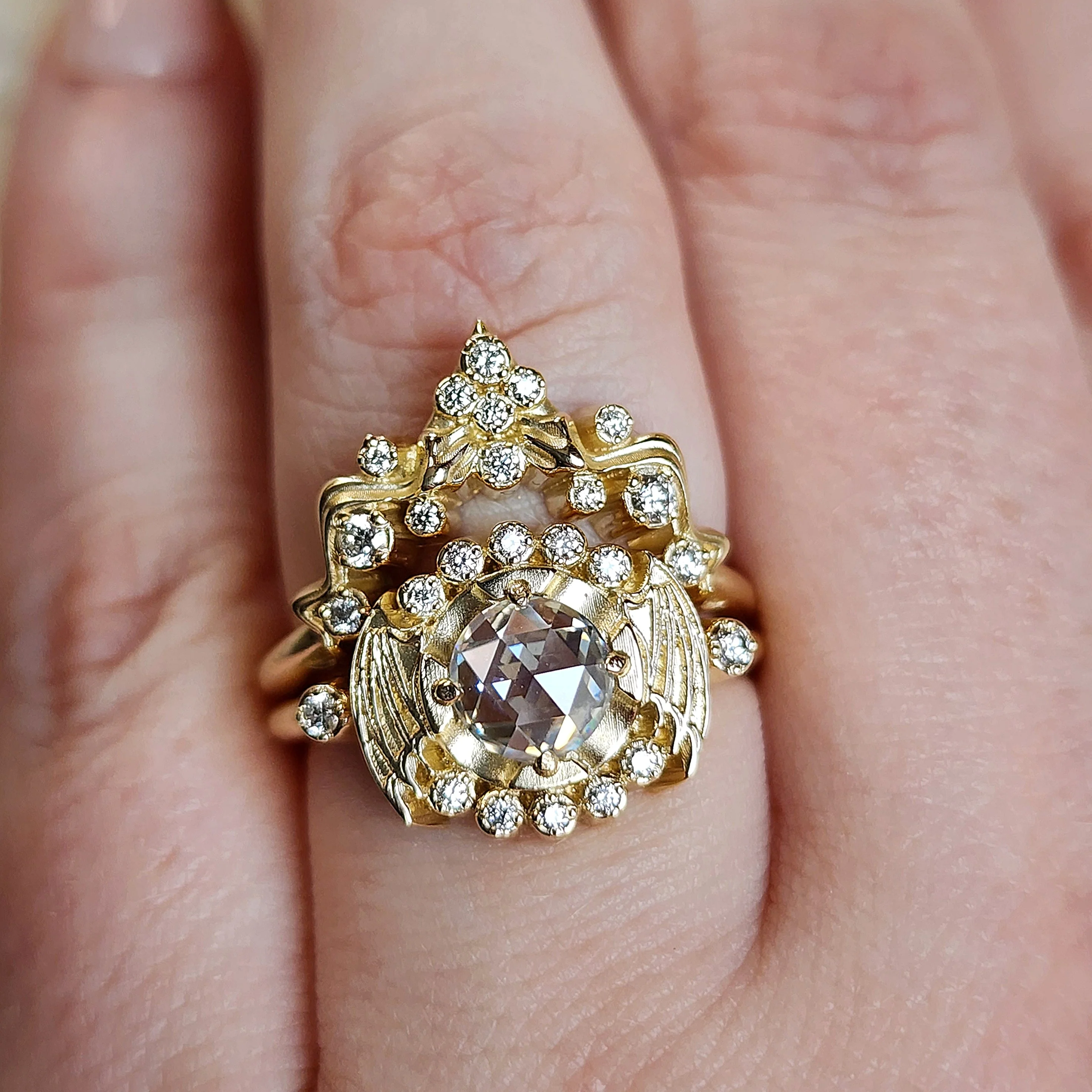 Ready to Ship Size 6-8 Bat Halo Engagement Ring and Nagini Snake Wedding Band - Rose Cut Moissanite Gothic Victorian Unique Wedding Set with Bat Wings 14k Yellow Gold - Image 10