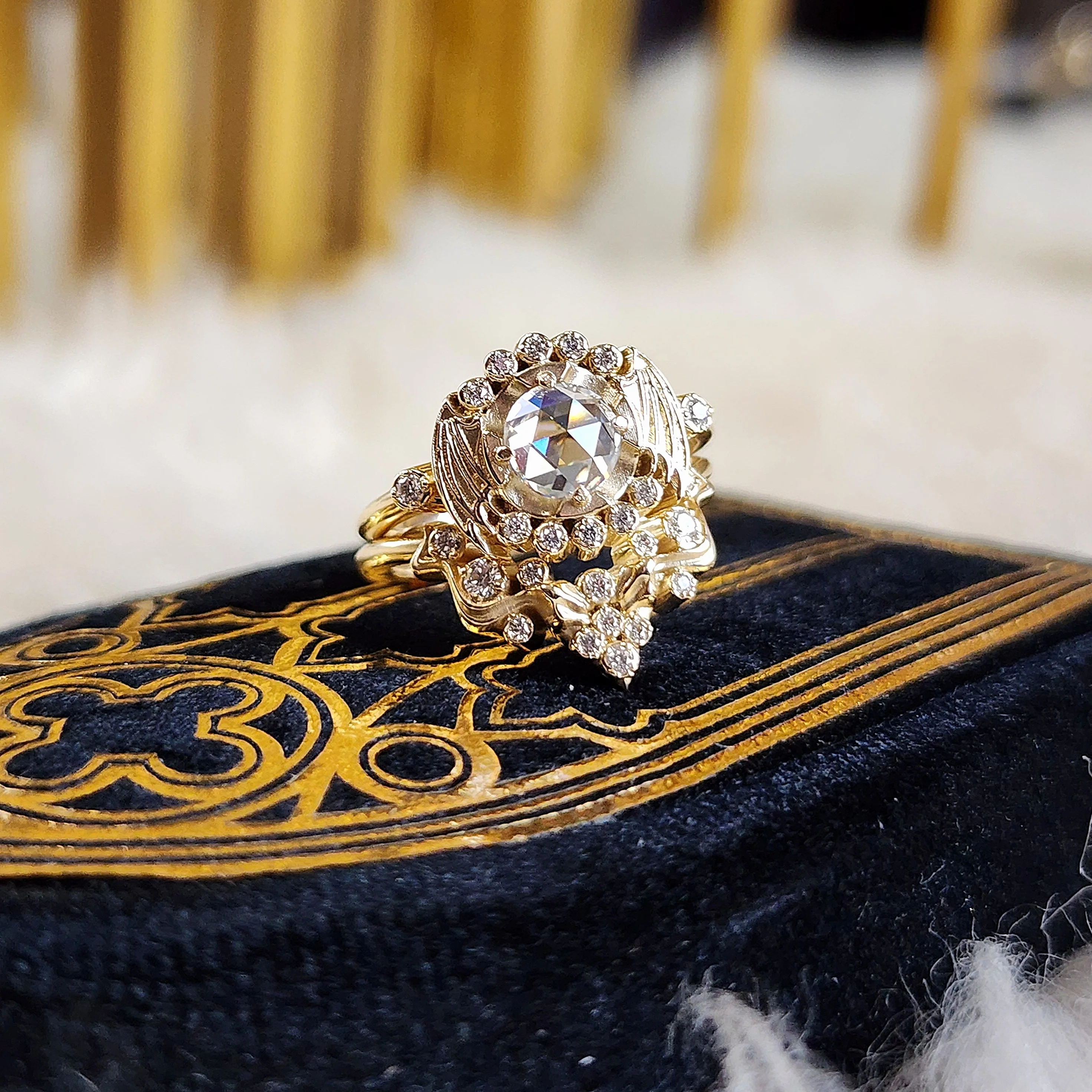 Ready to Ship Size 6-8 Bat Halo Engagement Ring and Nagini Snake Wedding Band - Rose Cut Moissanite Gothic Victorian Unique Wedding Set with Bat Wings 14k Yellow Gold - Image 7