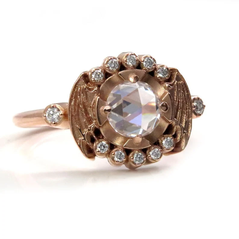 Bat Halo Engagement Ring, Rose Cut Moissanite Ethical Gemstone Gothic Victorian Unique Wedding Ring with Bat Wings Witchy Wedding - Image 4