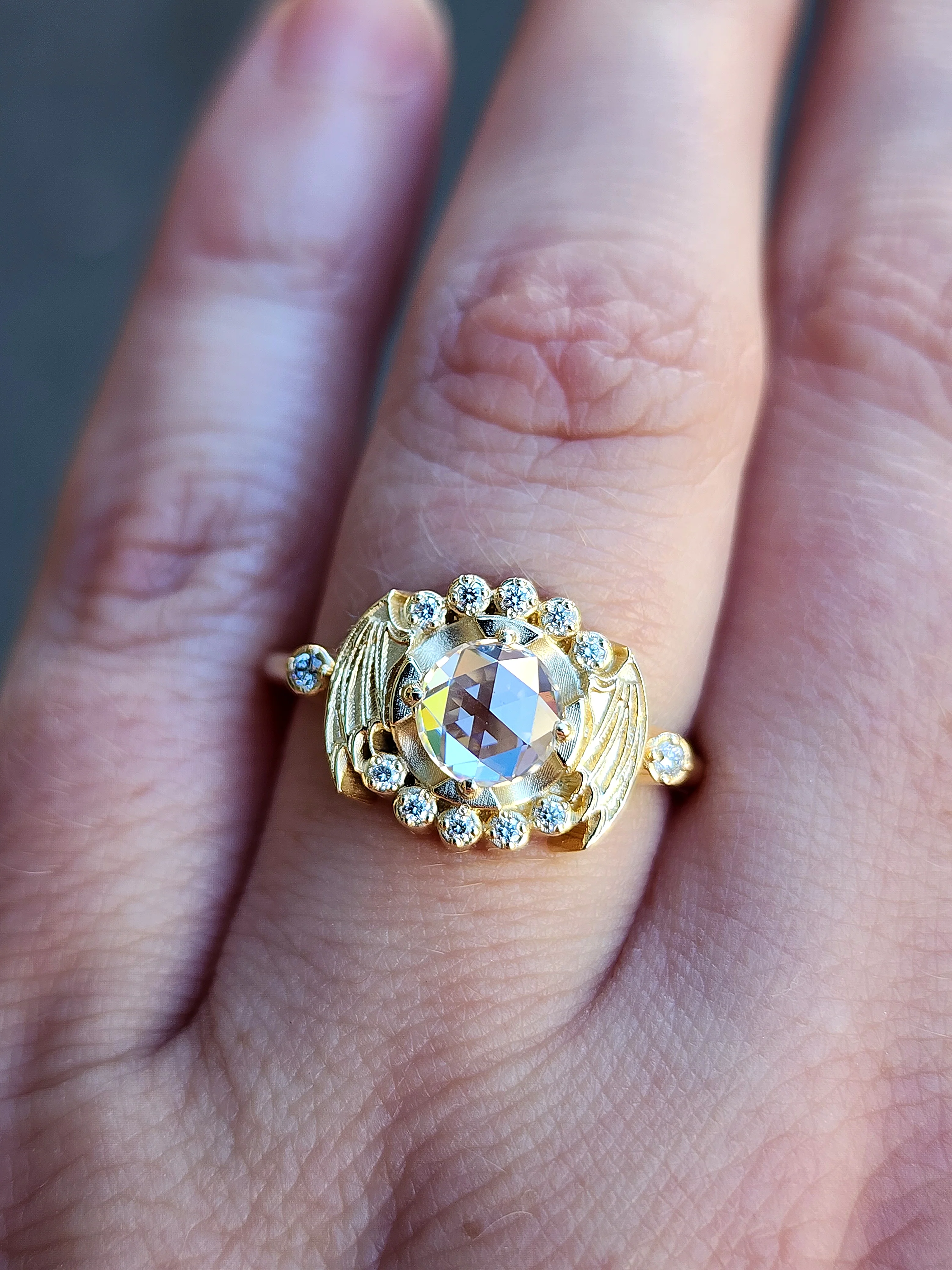 Bat Halo Engagement Ring, Rose Cut Moissanite Ethical Gemstone Gothic Victorian Unique Wedding Ring with Bat Wings Witchy Wedding - Image 9