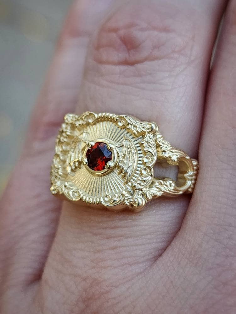 Ready to Ship Size 6-8 Baturday - Bat Signet Ring with Arizona Sunset Garnet -  Victorian Inspired Baroque Antique Styled Bat Wing Ring - 14k Yellow Gold - Image 10