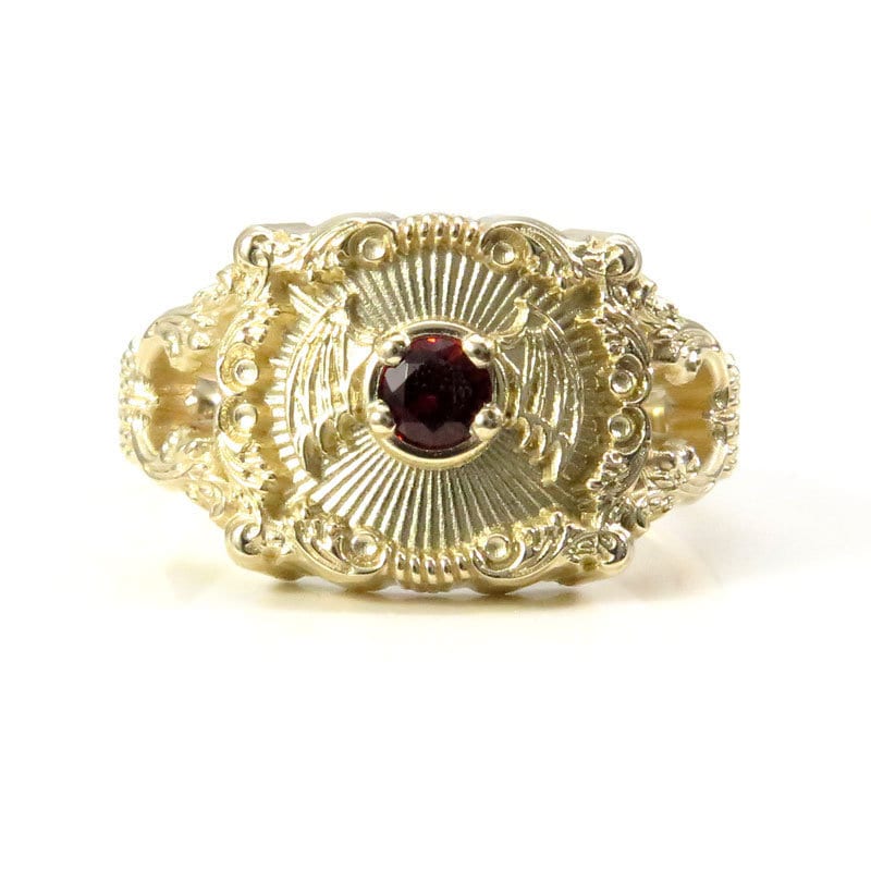 Ready to Ship Size 6-8 Baturday - Bat Signet Ring with Arizona Sunset Garnet -  Victorian Inspired Baroque Antique Styled Bat Wing Ring - 14k Yellow Gold - Image 3