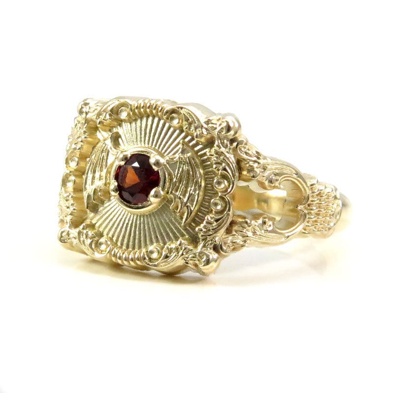 Ready to Ship Size 6-8 Baturday - Bat Signet Ring with Arizona Sunset Garnet -  Victorian Inspired Baroque Antique Styled Bat Wing Ring - 14k Yellow Gold - Image 4