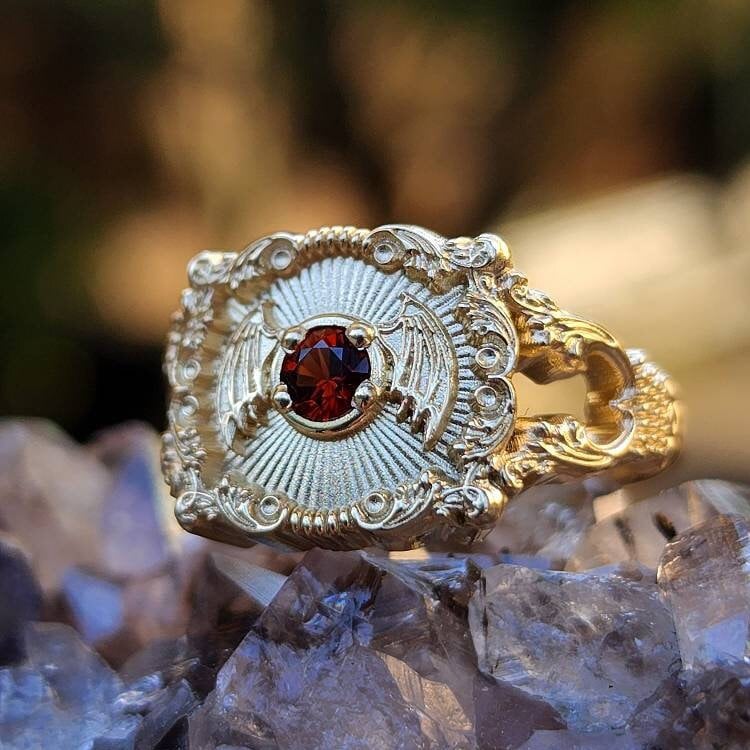 Ready to Ship Size 6-8 Baturday - Bat Signet Ring with Arizona Sunset Garnet -  Victorian Inspired Baroque Antique Styled Bat Wing Ring - 14k Yellow Gold - Image 5