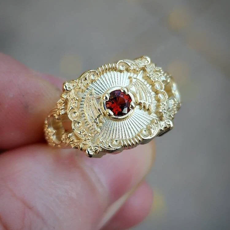 Ready to Ship Size 6-8 Baturday - Bat Signet Ring with Arizona Sunset Garnet -  Victorian Inspired Baroque Antique Styled Bat Wing Ring - 14k Yellow Gold - Image 6