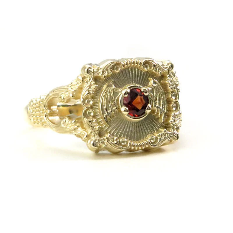 Ready to Ship Size 6-8 Baturday - Bat Signet Ring with Arizona Sunset Garnet -  Victorian Inspired Baroque Antique Styled Bat Wing Ring - 14k Yellow Gold - Image 8