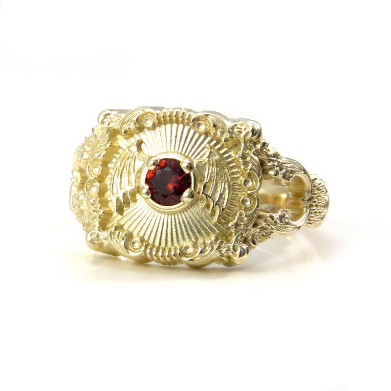 Ready to Ship Size 6-8 Baturday - Bat Signet Ring with Arizona Sunset Garnet -  Victorian Inspired Baroque Antique Styled Bat Wing Ring - 14k Yellow Gold - Image 9