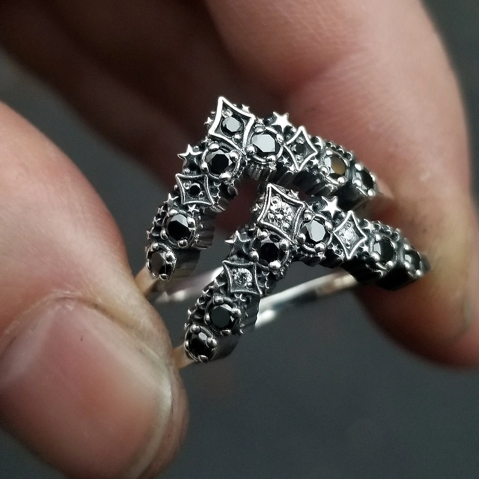 Black Diamond Stardust Chevron Wedding Band - Sterling Silver Boho Stacking Ring - Image 5