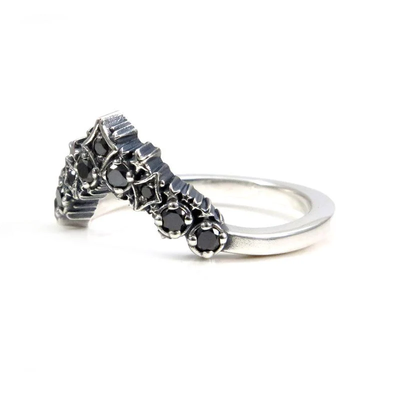 Black Diamond Stardust Chevron Wedding Band - Sterling Silver Boho Stacking Ring - Image 7