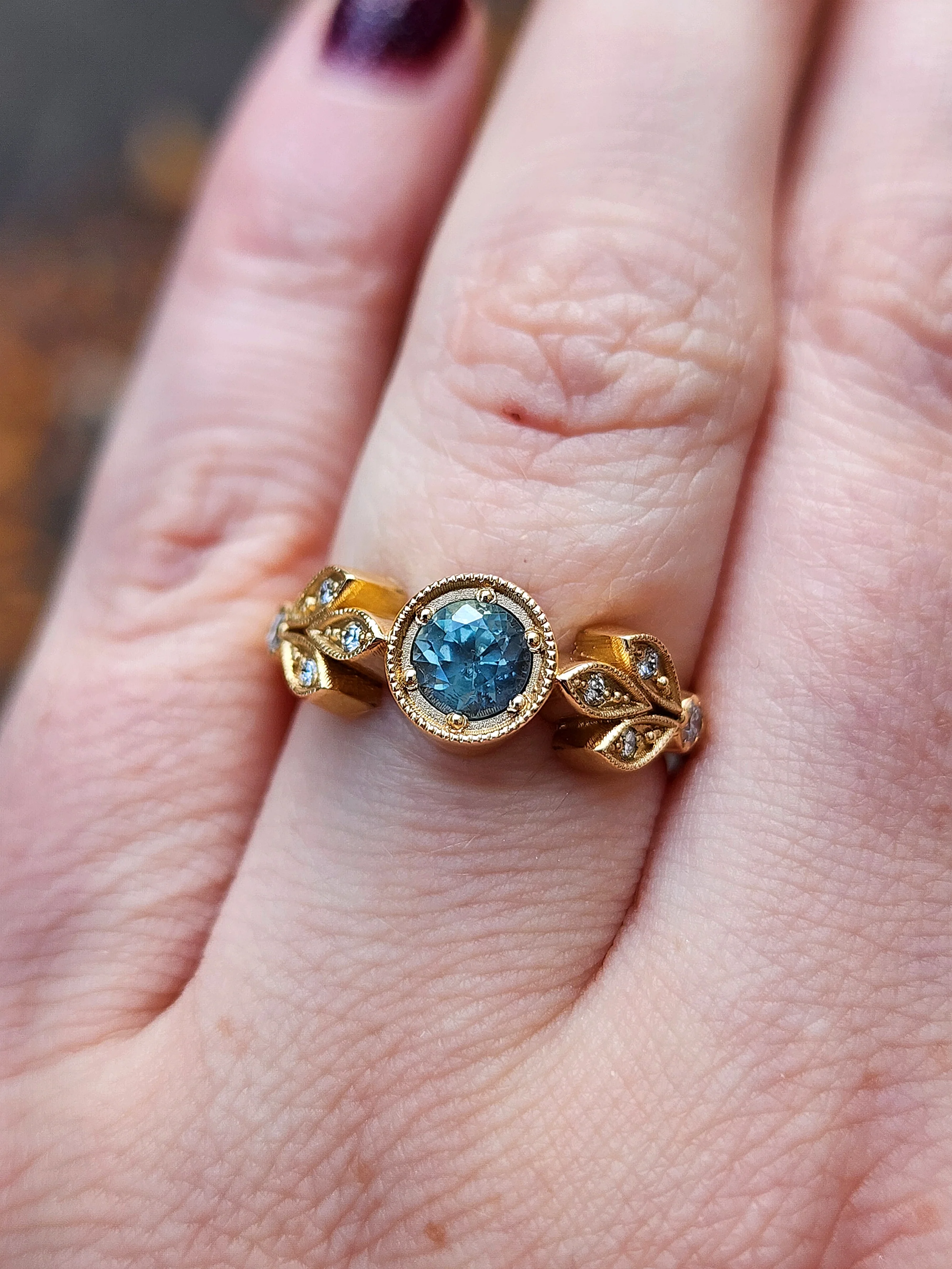 Blue Green Sapphire Art Deco Diamond Leaf 3 Ring Set Nature Engagement Fine Jewelry 14k Yellow Gold - Ready to Ship Size 6-7 - Image 10