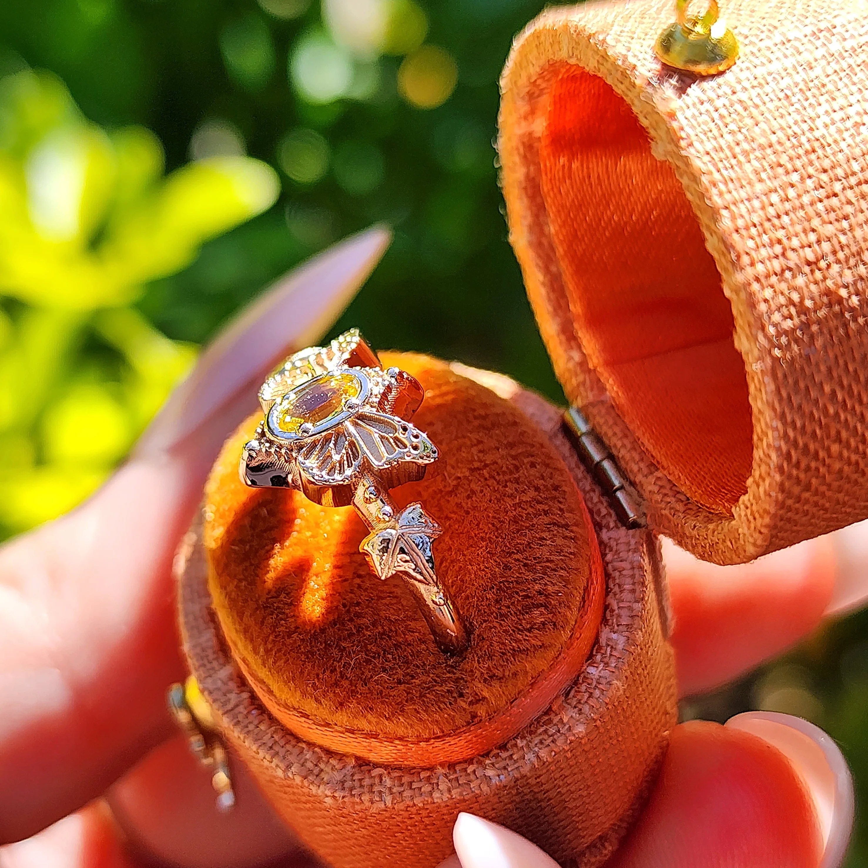 Butterfly Faerie Ring with Oval Sapphire Fairy Fantasy Engagement with Ivy Leaf - Pick your Gemstone Fairytale 14k Gold - Image 7