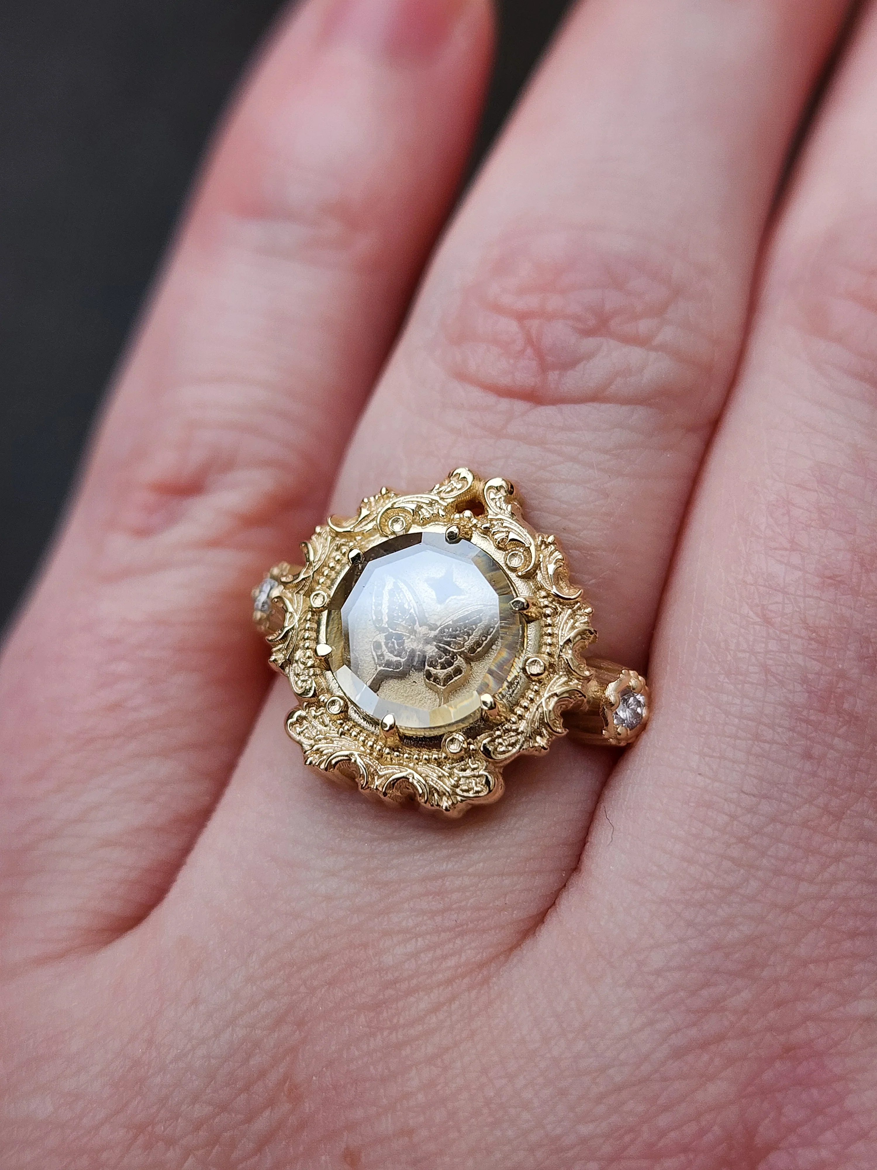 Butterfly Shadowbox Ring with Portrait Cut Moissanite and Diamonds Baroque Frame - 14k Gold Bug Jewelry - Image 12
