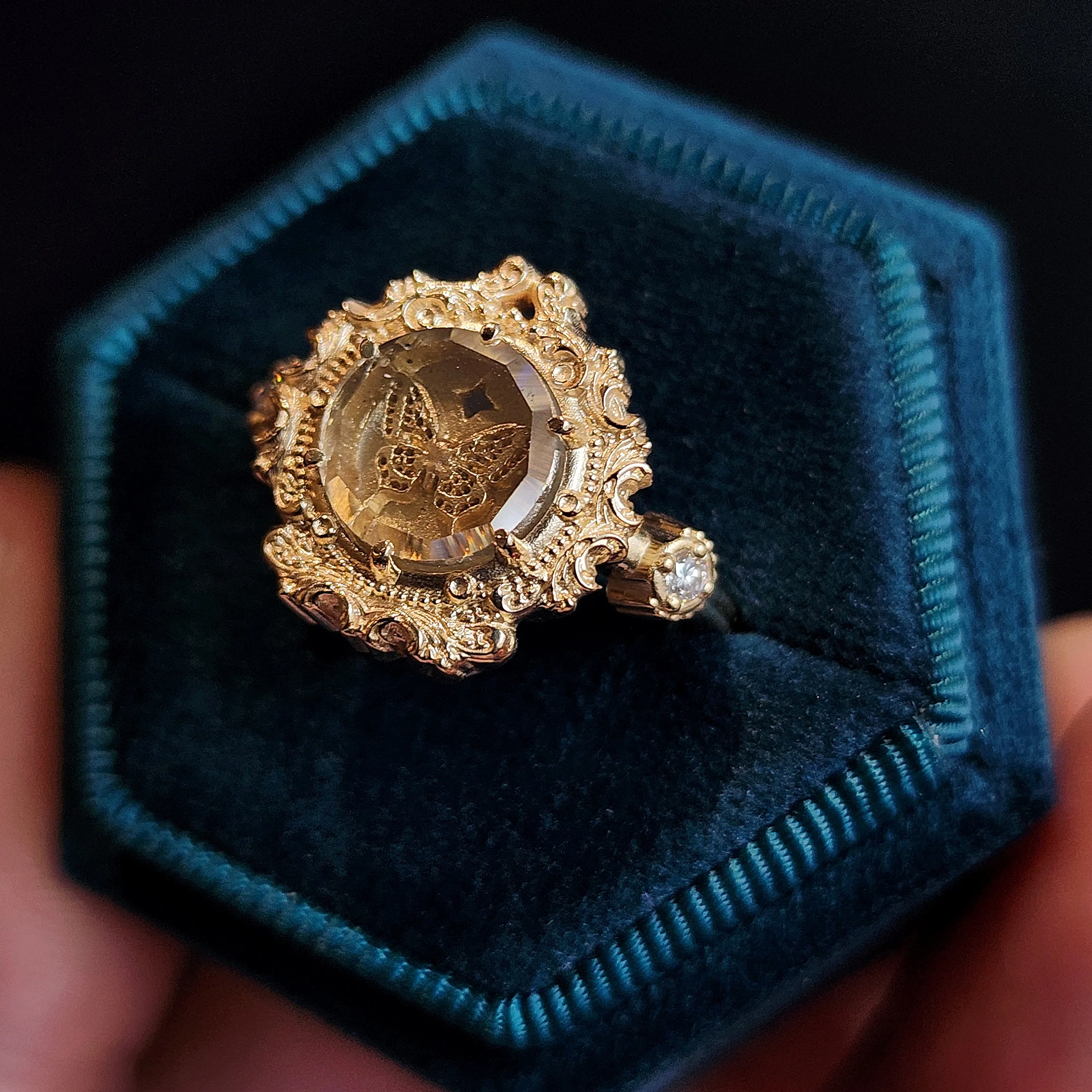 Butterfly Shadowbox Ring with Portrait Cut Moissanite and Diamonds Baroque Frame - 14k Gold Bug Jewelry - Image 8