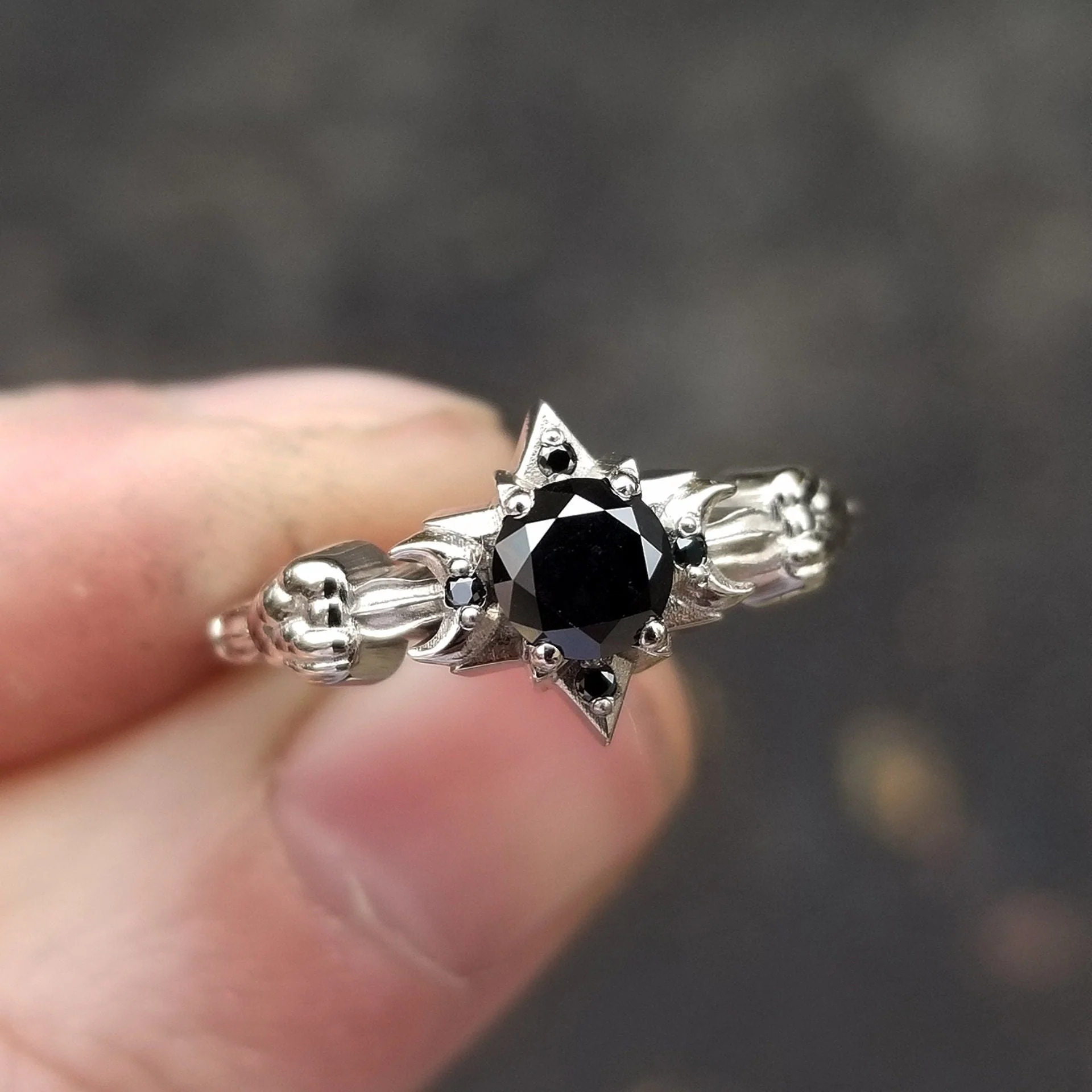 Celestial Black Diamond Engagement Ring - Moon, Star and Clouds - 14k Palladium White Gold Gothic Fine Jewelry - Image 4