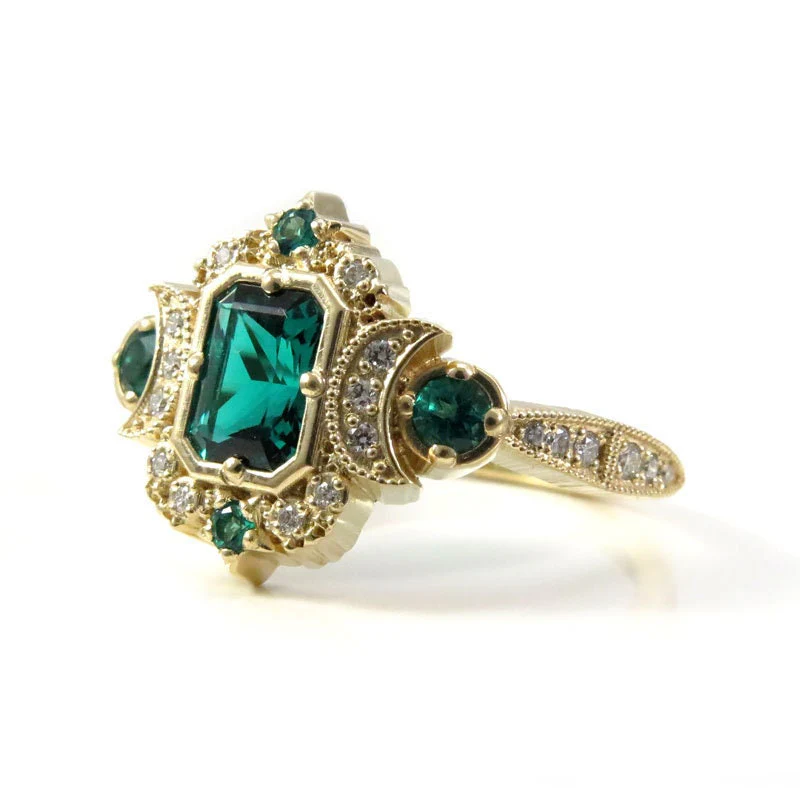 Chatham Emerald Selene Diamond Crescent Moon Engagement Ring - Emerald Cut Emerald - 14k Yellow Gold, 14k Rose Gold or 14k White Gold - Image 7
