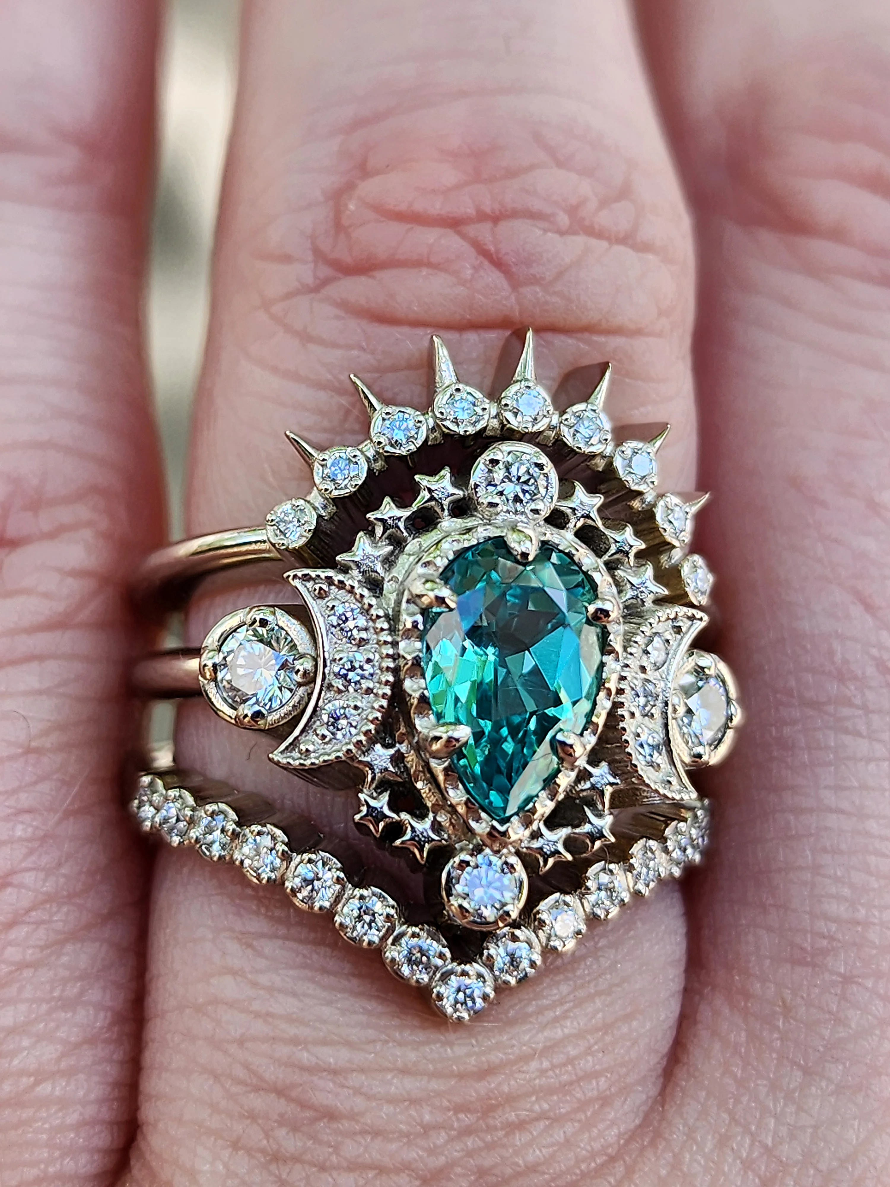 Ready to Ship Size 6 - 8 - Pear Engagement Ring Set Chatham Chrysoberyl Cosmos with Sunray and Pave Diamond Wedding Band - 14k Palladium White Gold, 14k Rose Gold or 14k Yellow Gold - Custom Center Stone - Image 13