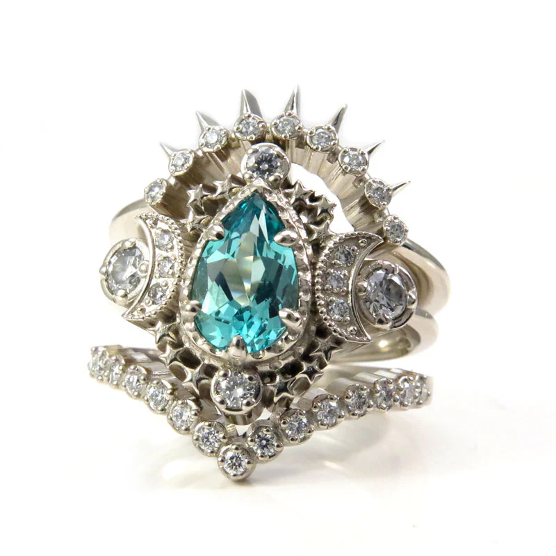Ready to Ship Size 6 - 8 - Pear Engagement Ring Set Chatham Chrysoberyl Cosmos with Sunray and Pave Diamond Wedding Band - 14k Palladium White Gold, 14k Rose Gold or 14k Yellow Gold - Custom Center Stone - Image 4