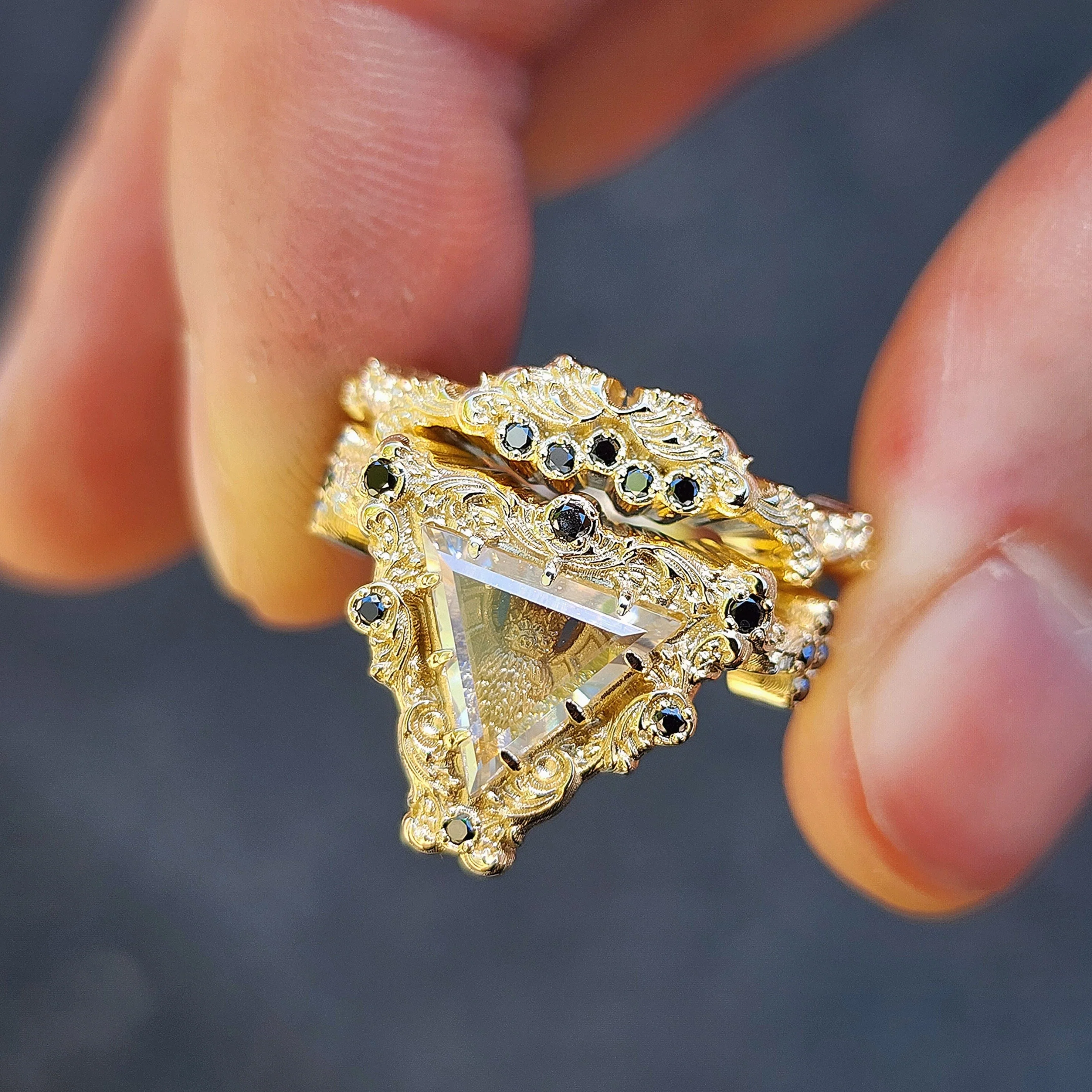 Ready to Ship Victorian Gothic Bat Engagement Ring Shadow Box with Triangle Portrait Cut Moissanite Wedding Ring Set Baroque Scrolls with Black or White Diamonds 14k Gold Ethereal Unique Fine Jewelry - Image 10