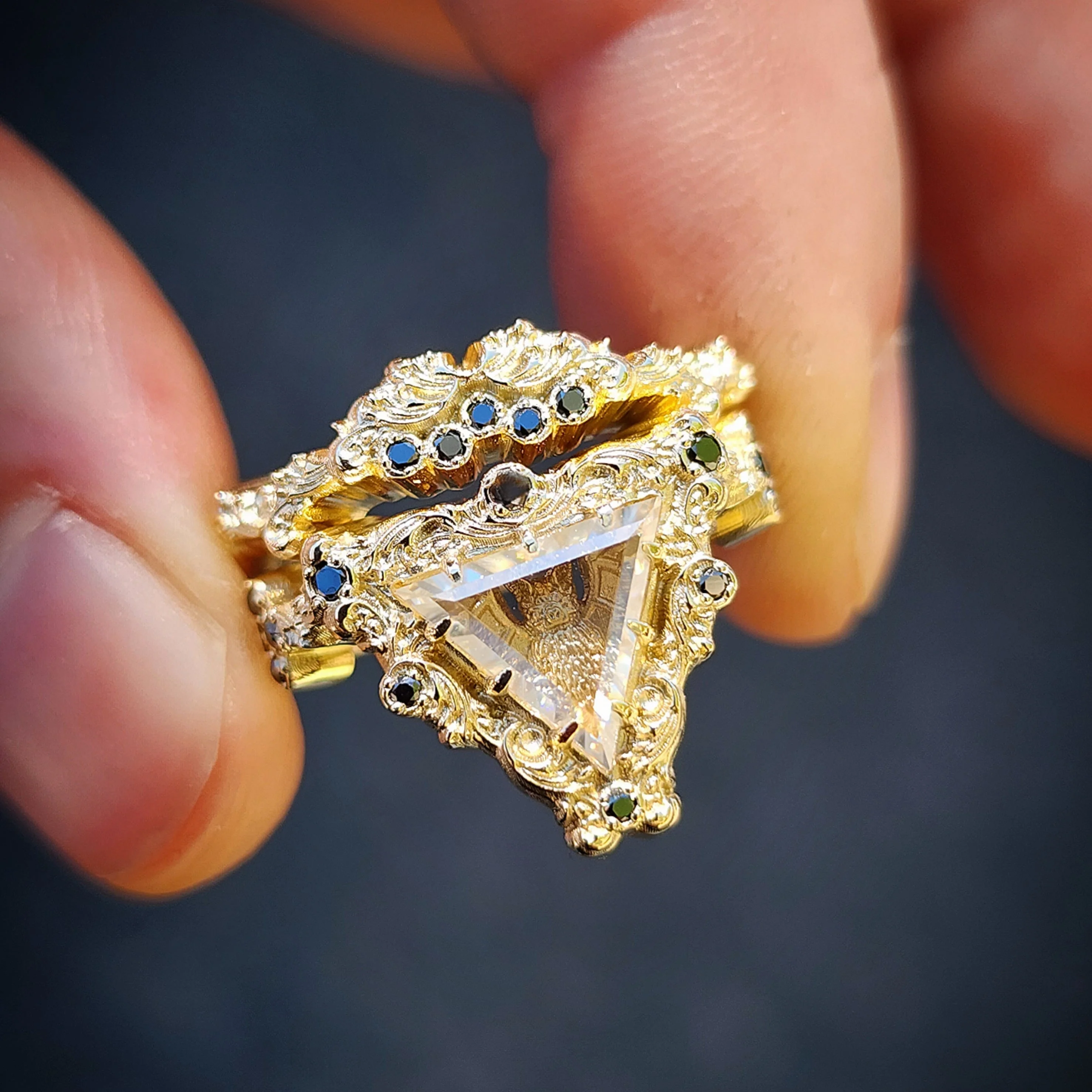 Ready to Ship Victorian Gothic Bat Engagement Ring Shadow Box with Triangle Portrait Cut Moissanite Wedding Ring Set Baroque Scrolls with Black or White Diamonds 14k Gold Ethereal Unique Fine Jewelry - Image 3