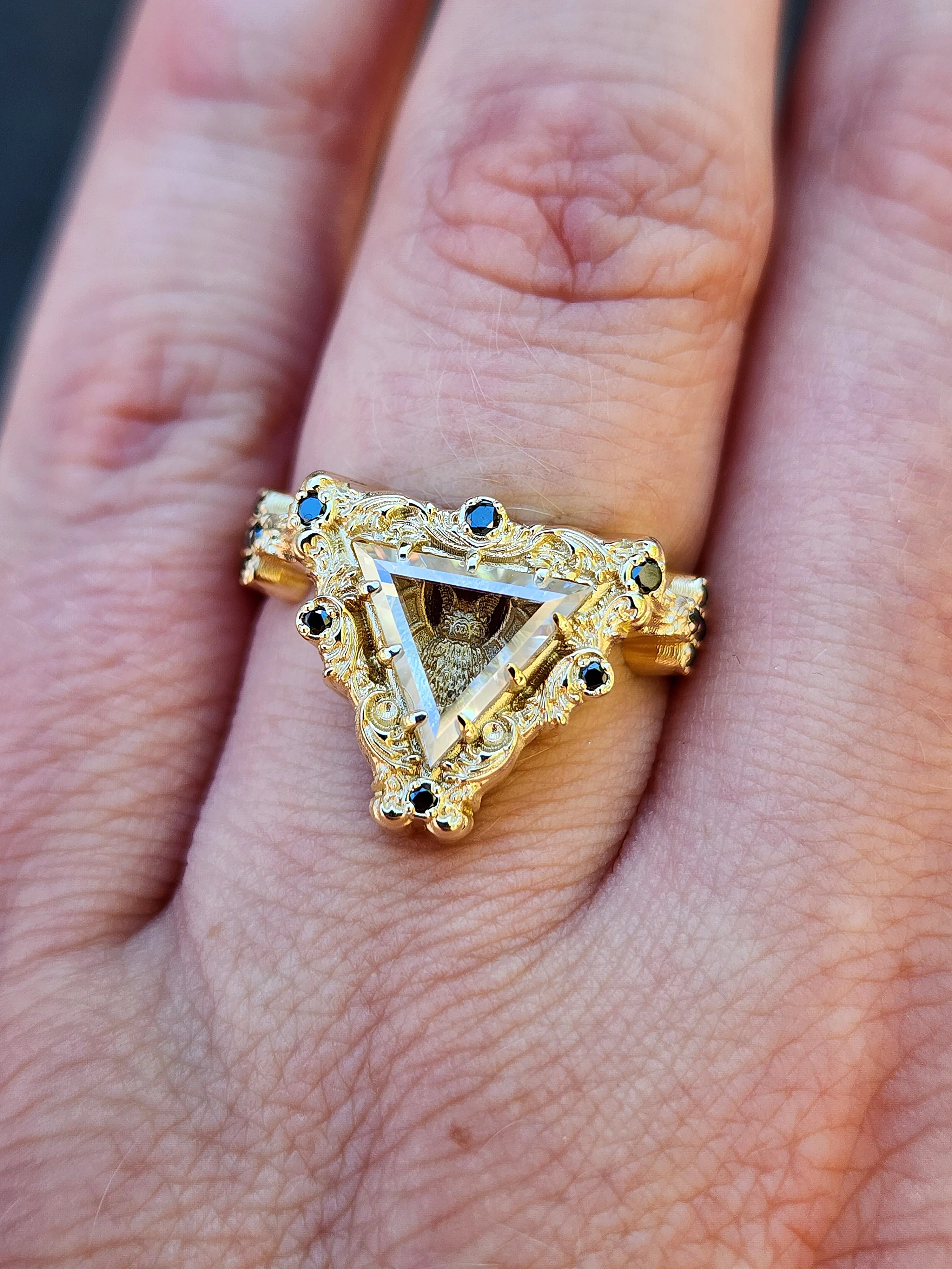 Ready to Ship Victorian Gothic Bat Engagement Ring Shadow Box with Triangle Portrait Cut Moissanite Wedding Ring Set Baroque Scrolls with Black or White Diamonds 14k Gold Ethereal Unique Fine Jewelry - Image 5