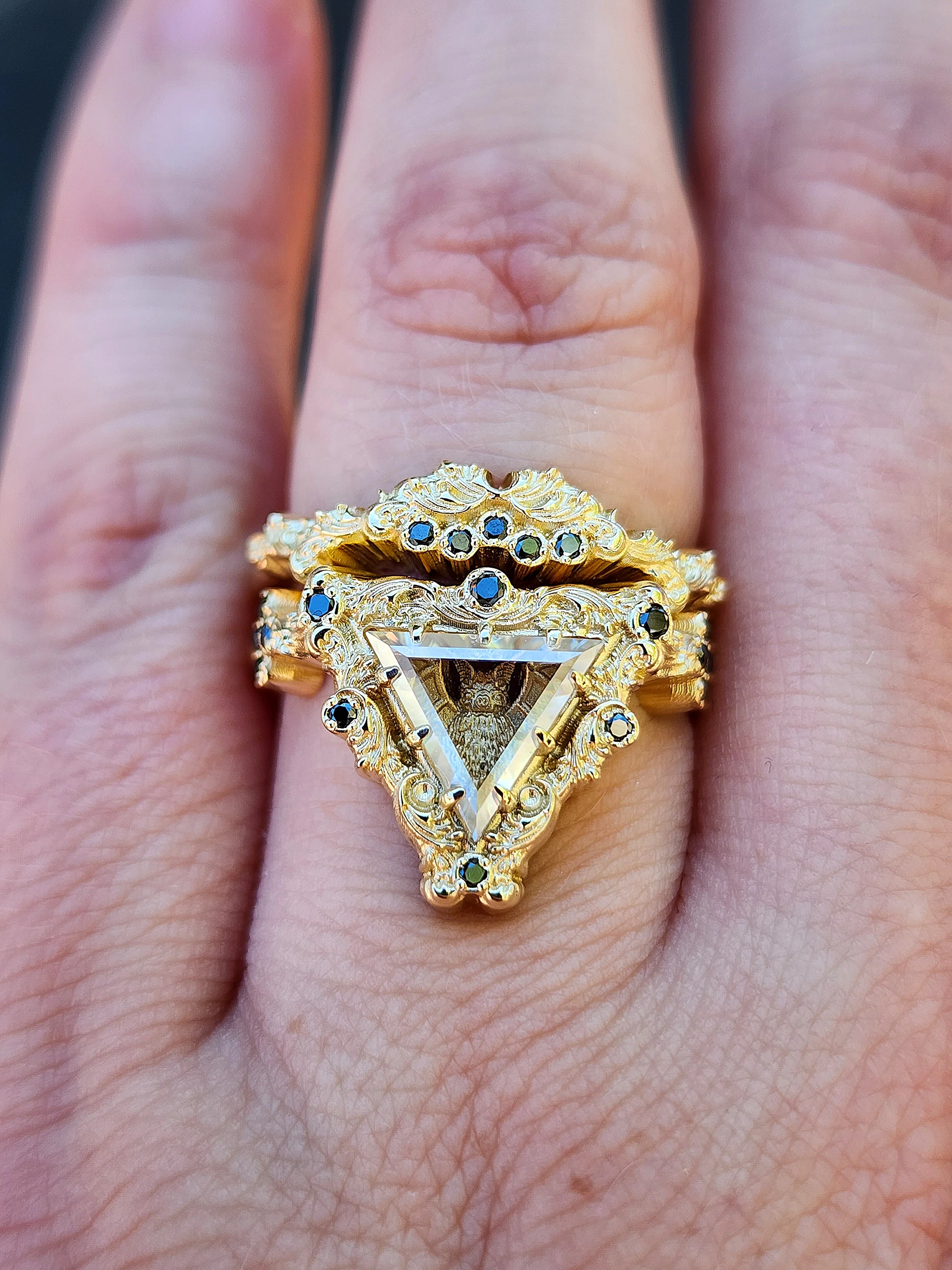 Ready to Ship Victorian Gothic Bat Engagement Ring Shadow Box with Triangle Portrait Cut Moissanite Wedding Ring Set Baroque Scrolls with Black or White Diamonds 14k Gold Ethereal Unique Fine Jewelry - Image 7