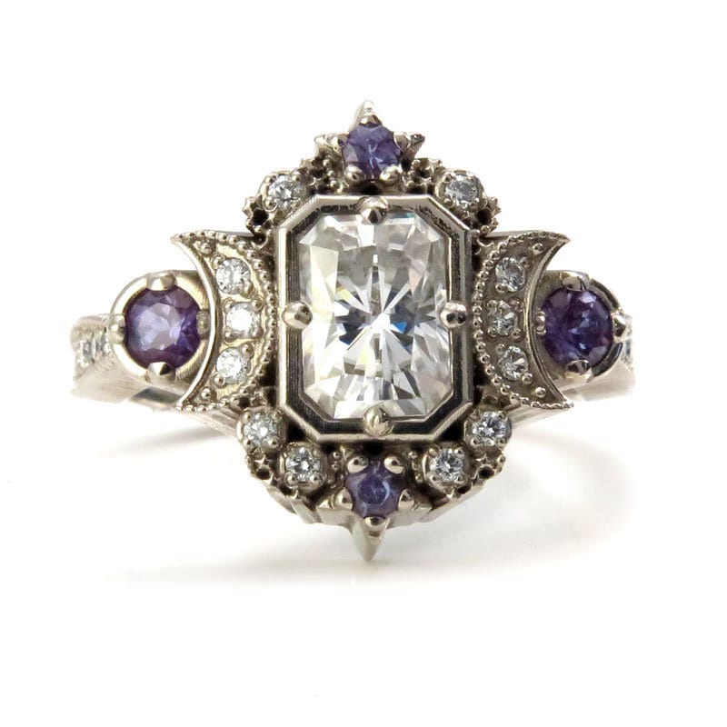 Emerald Cut Selene Moon Goddess Engagement Ring - Moissanite , Diamond and Chatham Alexandrite - 14k Palladium White Gold - Image 3