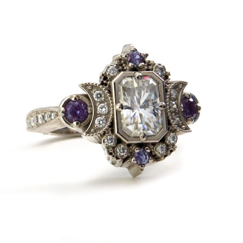 Emerald Cut Selene Moon Goddess Engagement Ring - Moissanite , Diamond and Chatham Alexandrite - 14k Palladium White Gold - Image 5
