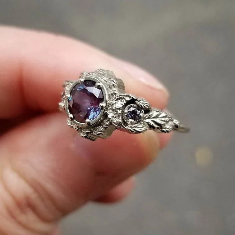 Engagement Ring with Chatham Alexandrite Leaf and Crescent Moon Ring - 14k Rose, Yellow or White Gold - Nature Antique Inspired Jewelry - Image 5