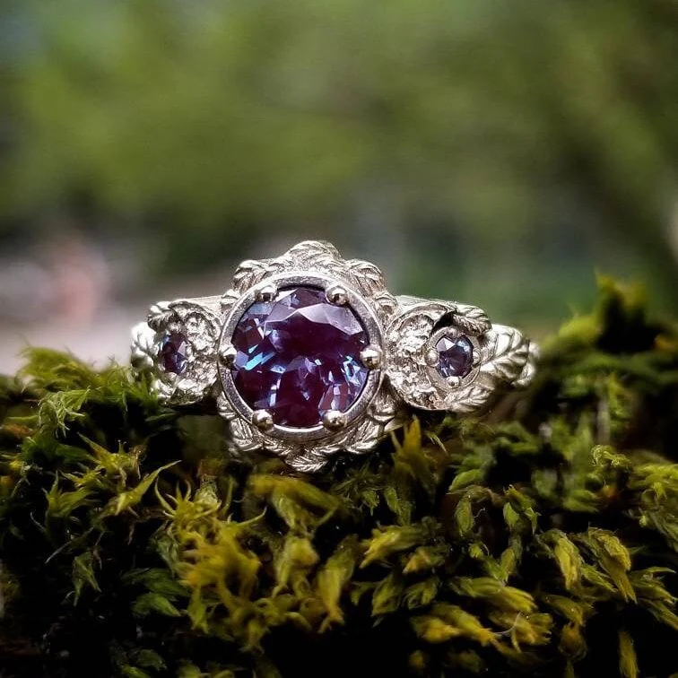 Engagement Ring with Chatham Alexandrite Leaf and Crescent Moon Ring - 14k Rose, Yellow or White Gold - Nature Antique Inspired Jewelry - Image 6
