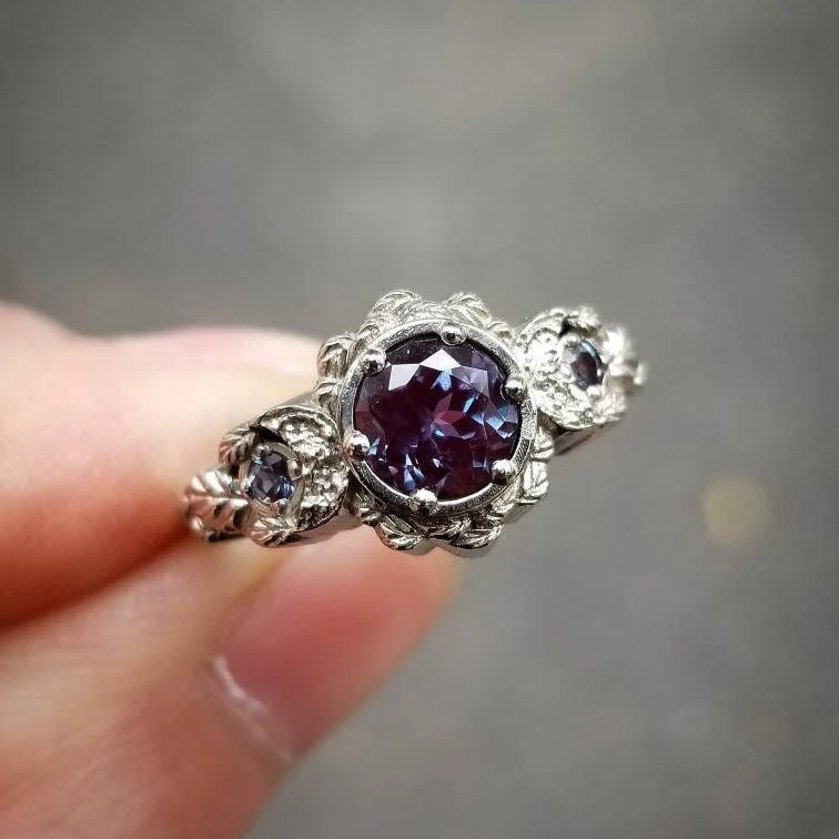 Engagement Ring with Chatham Alexandrite Leaf and Crescent Moon Ring - 14k Rose, Yellow or White Gold - Nature Antique Inspired Jewelry - Image 7
