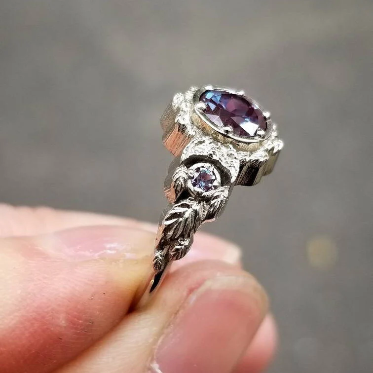 Engagement Ring with Chatham Alexandrite Leaf and Crescent Moon Ring - 14k Rose, Yellow or White Gold - Nature Antique Inspired Jewelry - Image 9