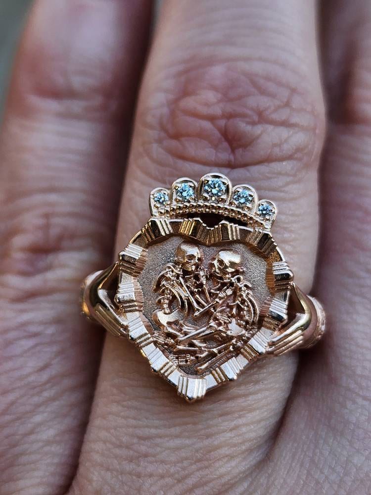 Game of Bones - Lovers of Valdaro Claddagh Fede Victorian Inspired Memento Mori Skeleton Ring with Diamond Crown and Cuffs - Drawlloween - Image 6