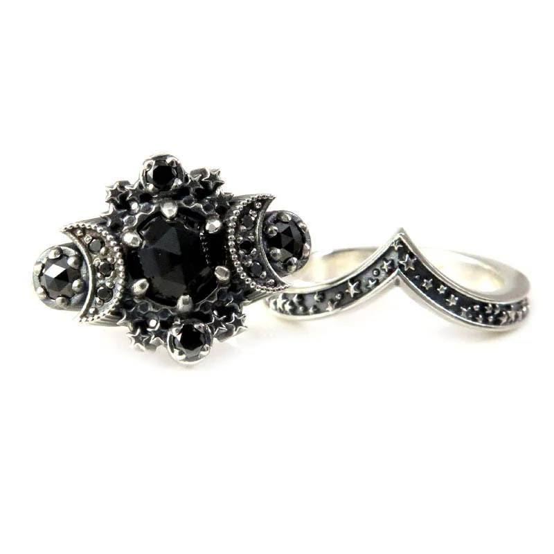 Gothic Cosmos Moon Engagement Ring Set Silver Moon and Stardust Chevron Wedding Band - Image 10