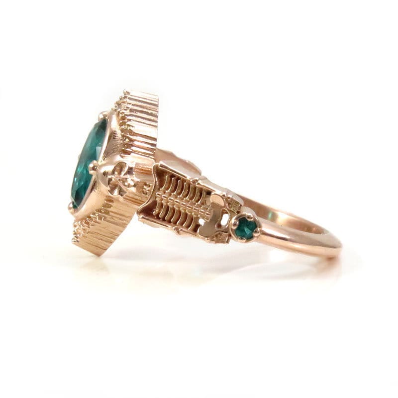 Gothic Emerald Skeleton Engagement Ring- 14k Rose Gold - Catacomb Collection Wedding Ring - Chatham Gems - Image 10