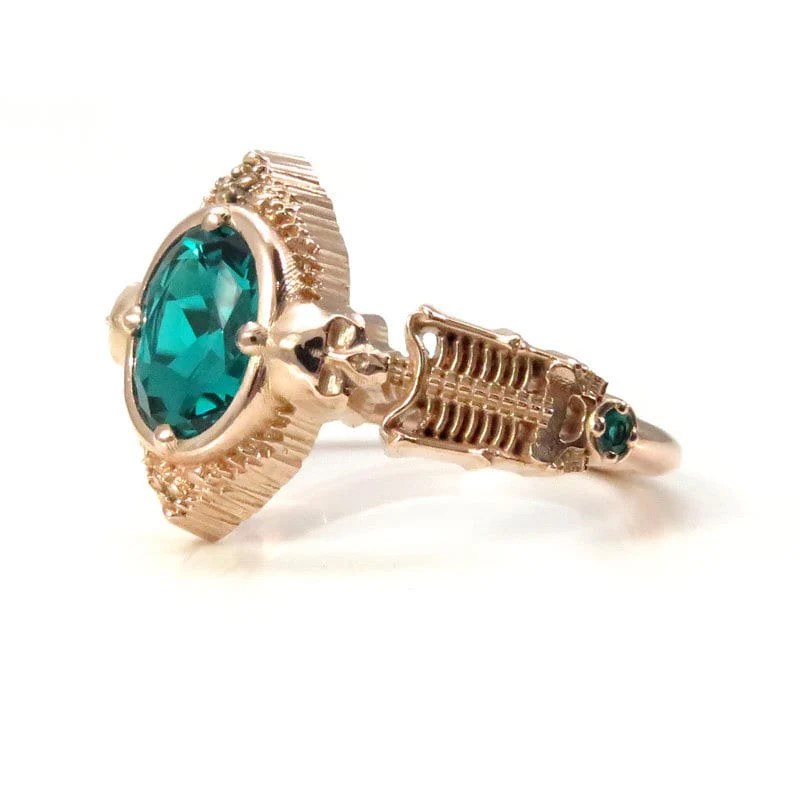 Gothic Emerald Skeleton Engagement Ring- 14k Rose Gold - Catacomb Collection Wedding Ring - Chatham Gems - Image 4