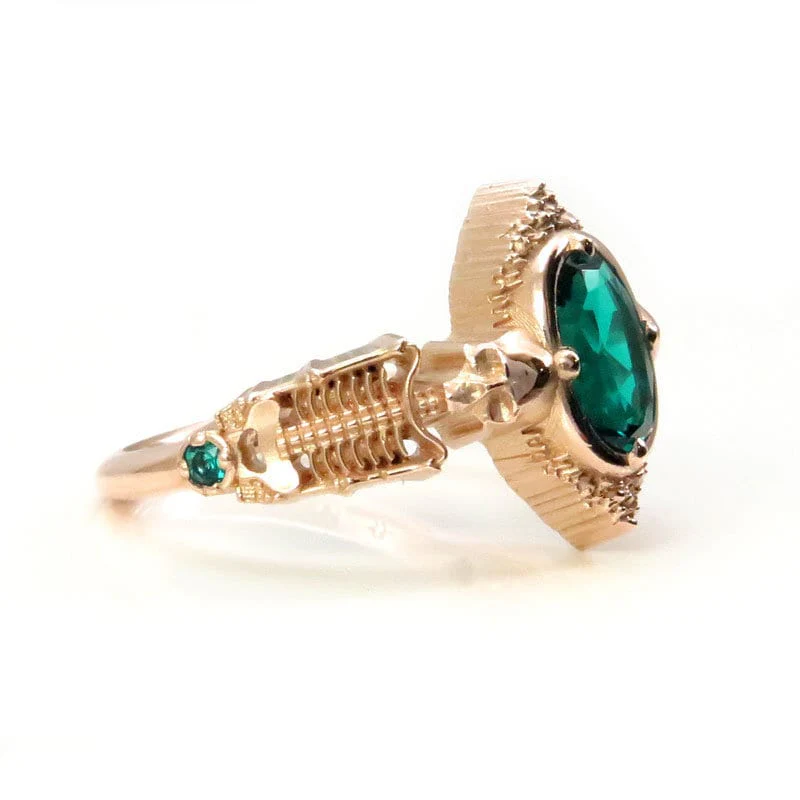 Gothic Emerald Skeleton Engagement Ring- 14k Rose Gold - Catacomb Collection Wedding Ring - Chatham Gems - Image 8
