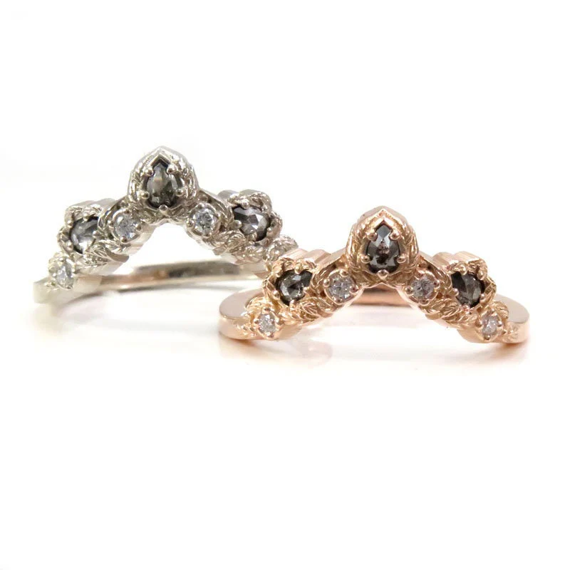 Leafy Pear Diamond Chevron Gold Wedding Band - Rose Cut Salt & Pepper Diamonds and Black or White Diamonds - Bohemian Stacking Wedding Band - Image 3