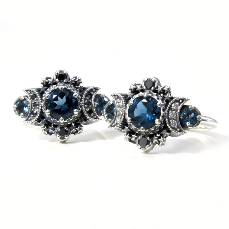 London Blue Topaz Cosmos Moon Engagement Ring Set Triple Moon Goddess Silver Ring with Stardust Chevron Wedding Band - Image 9