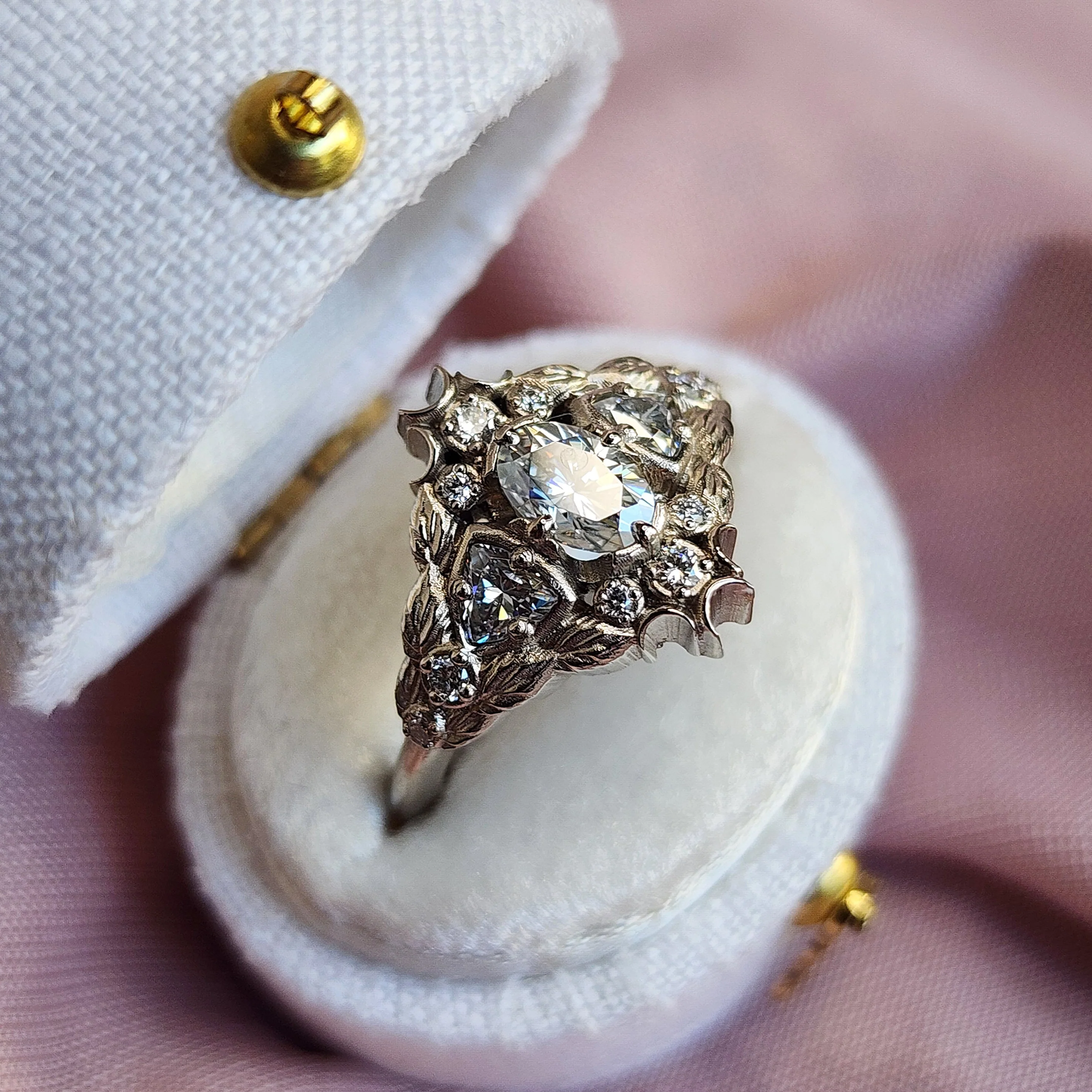 Morrigan Engagement Ring with Tiny Crescent Moons and Leaves - Fairytale Fine Jewelry 14k Gold Handmade Wedding Ring - Image 9