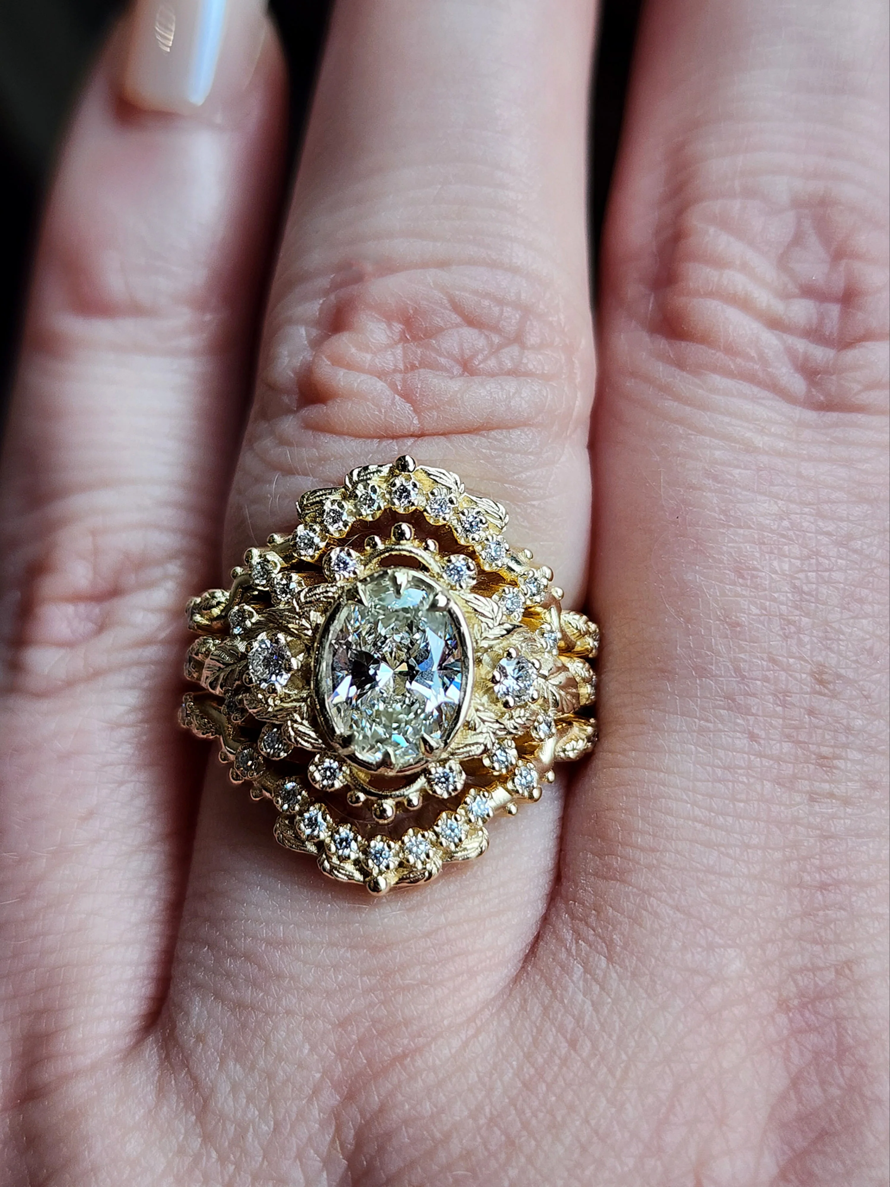 Natura Engagement Ring with Oval Moissanite and Natural Diamond Side Stones with Leaf Diamond Wedding Bands 14k Gold - Image 12