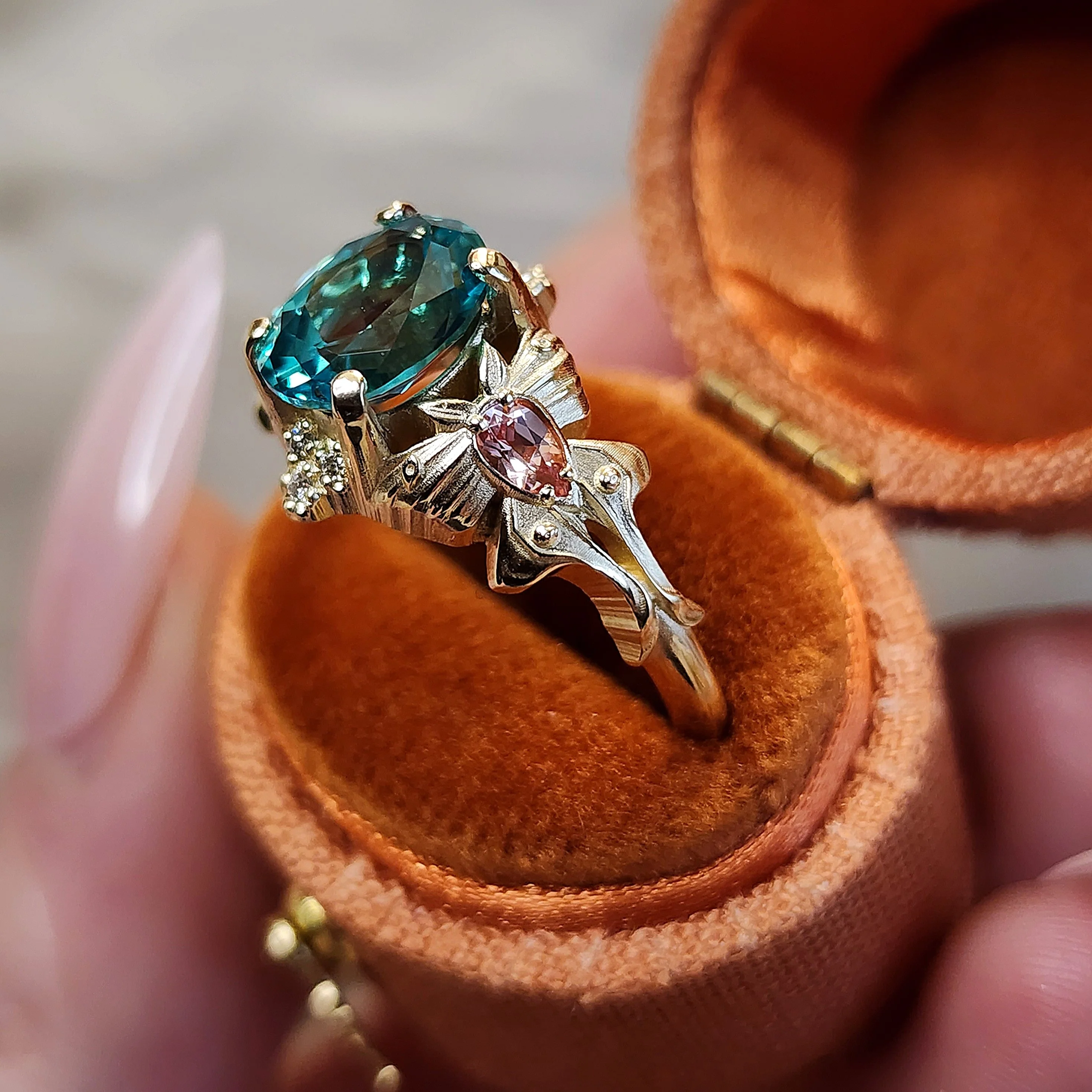 Pastel Goth Moth Engagement Ring with Luna Moth - Oval Chatham Chrysoberyl and Pink Champagne Sapphires - 14k Gold Unique Wedding Jewelry - Image 7