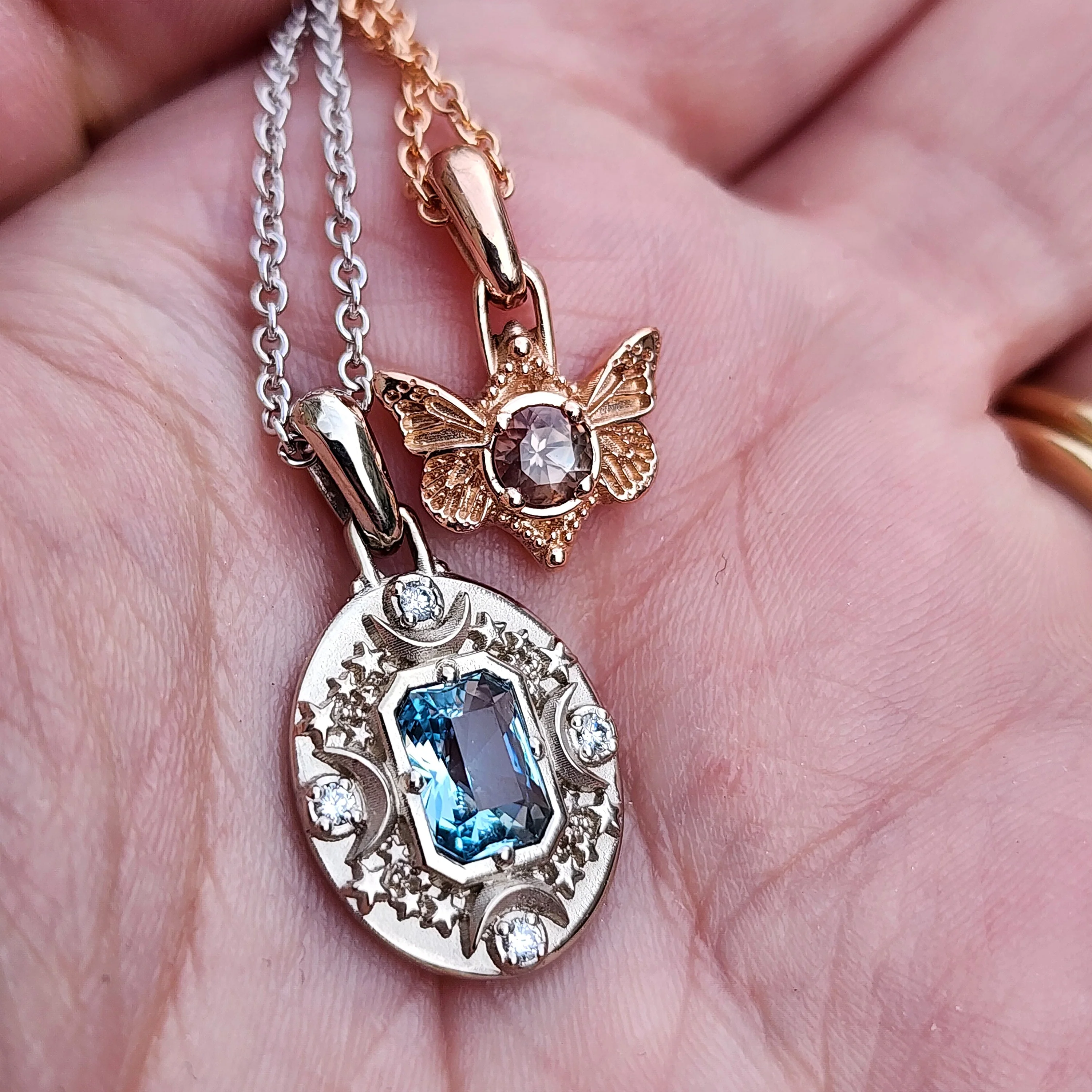 Ready to Ship Aquamarine Artemis and Oregon Sunstone Butterfly Pendants - Image 3