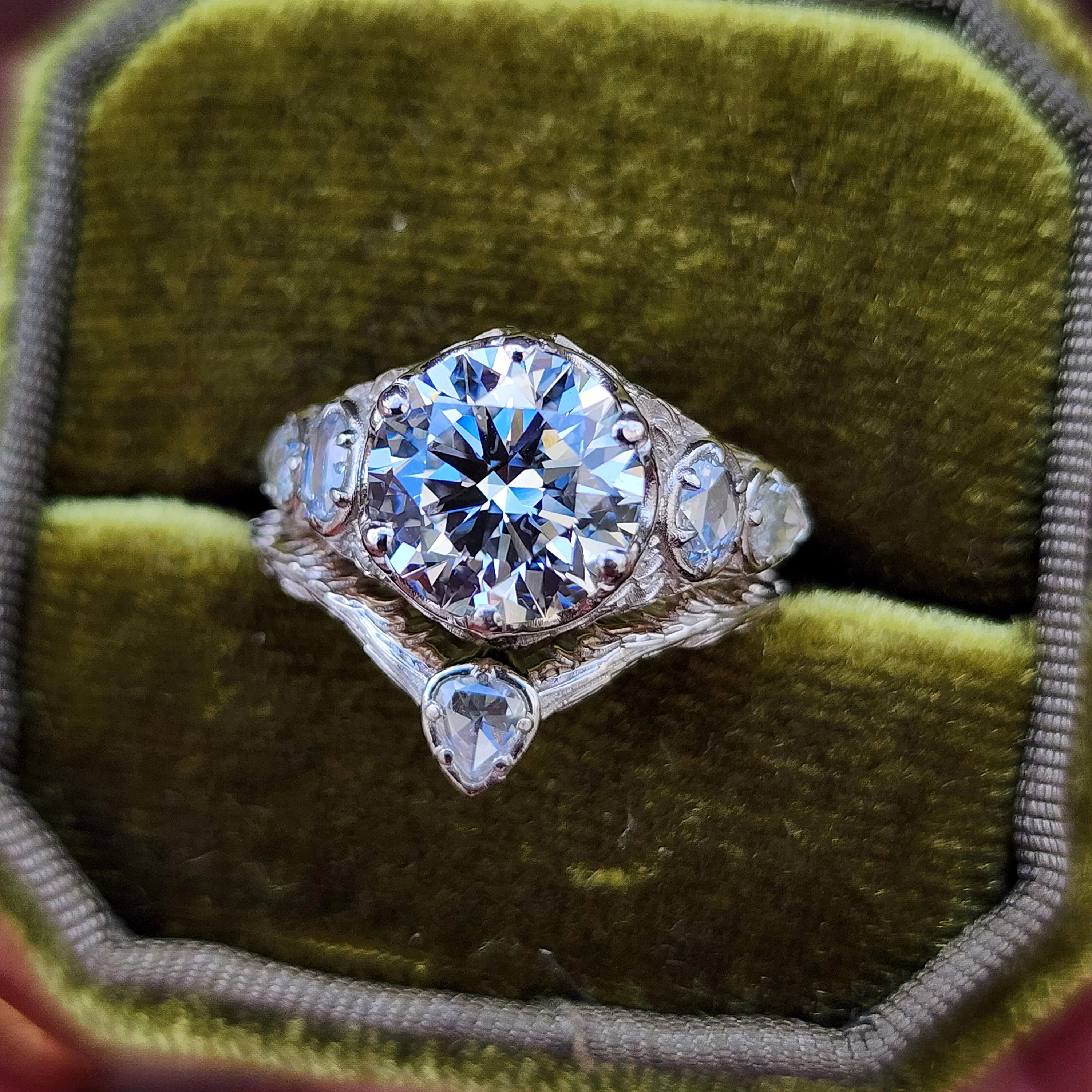 Ready to Ship Size 5-7 3.03ct Diamond Bramble Engagement Ring with Rose Cut Oval & Pear Diamonds and Forest Chevron Wedding Band - 14k Palladium White Gold - Image 3