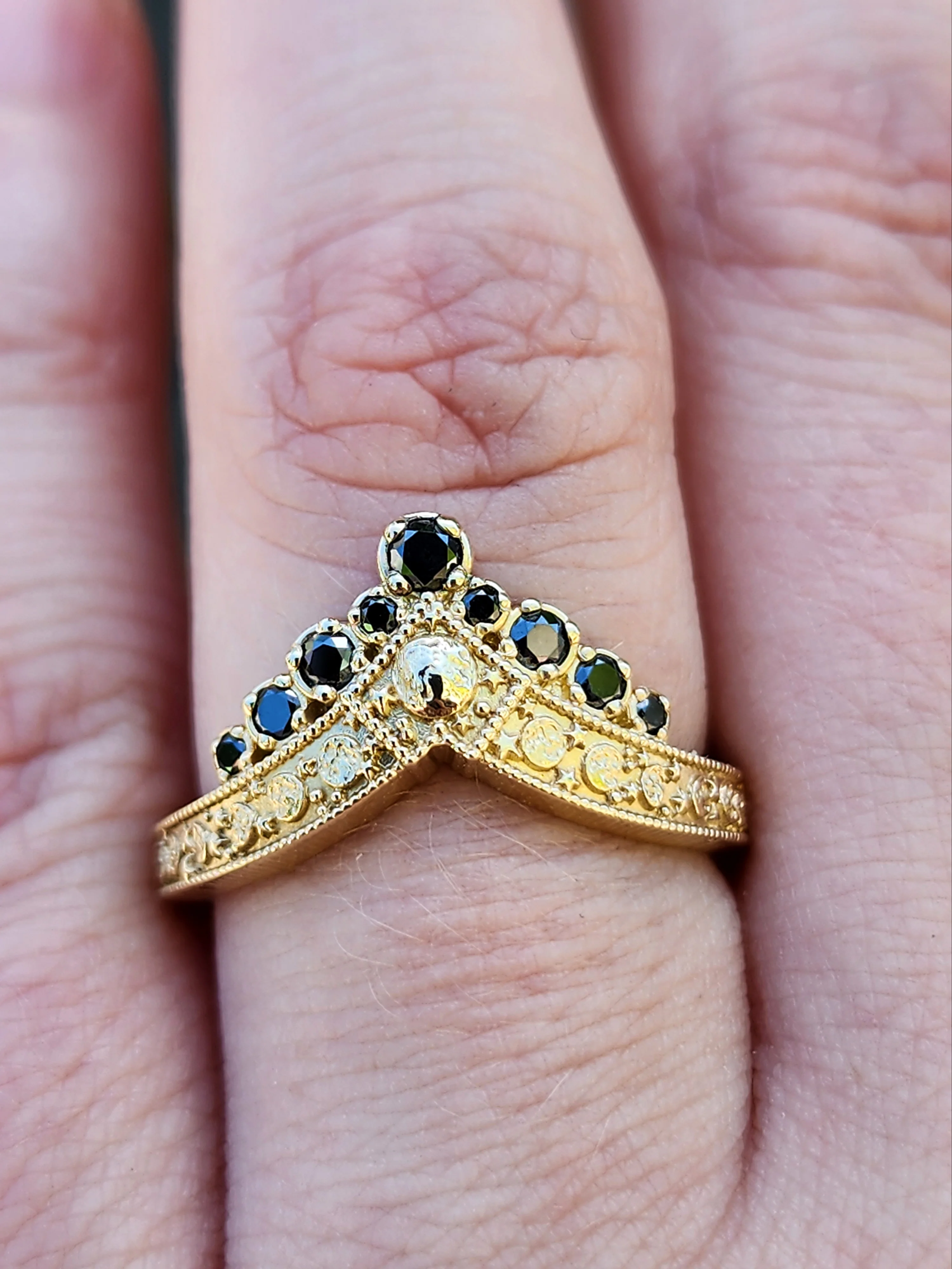 Ready to Ship Size 6-8 - Black Diamond Luna Diadem Chevron Wedding Band with Moon Phases and Full Moon and Stardust - Stacking Celestial Unique Gold Ring - Image 7